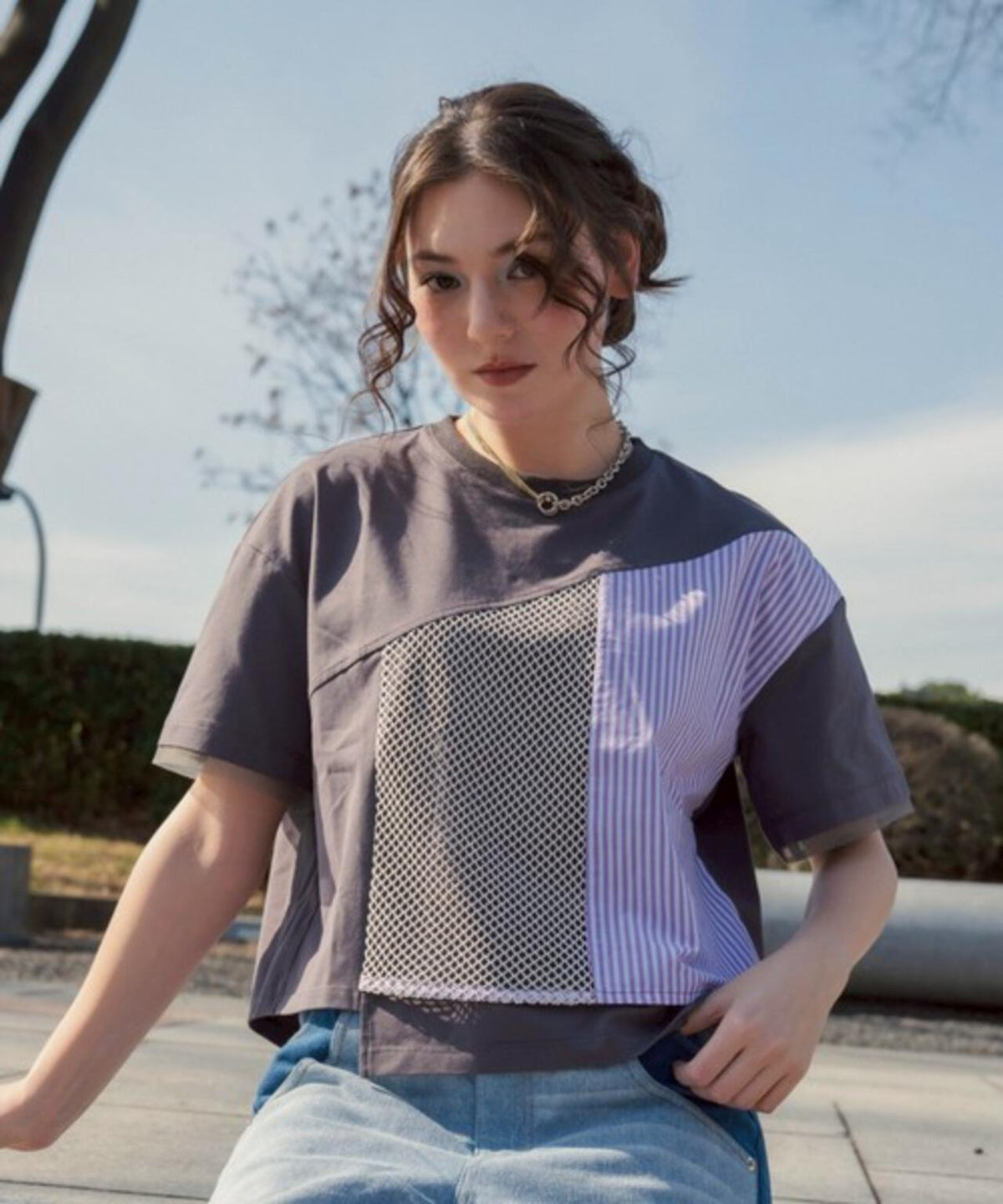 AULA AILA/アウラアイラ/別注メッシュコンビネーションTシャツ