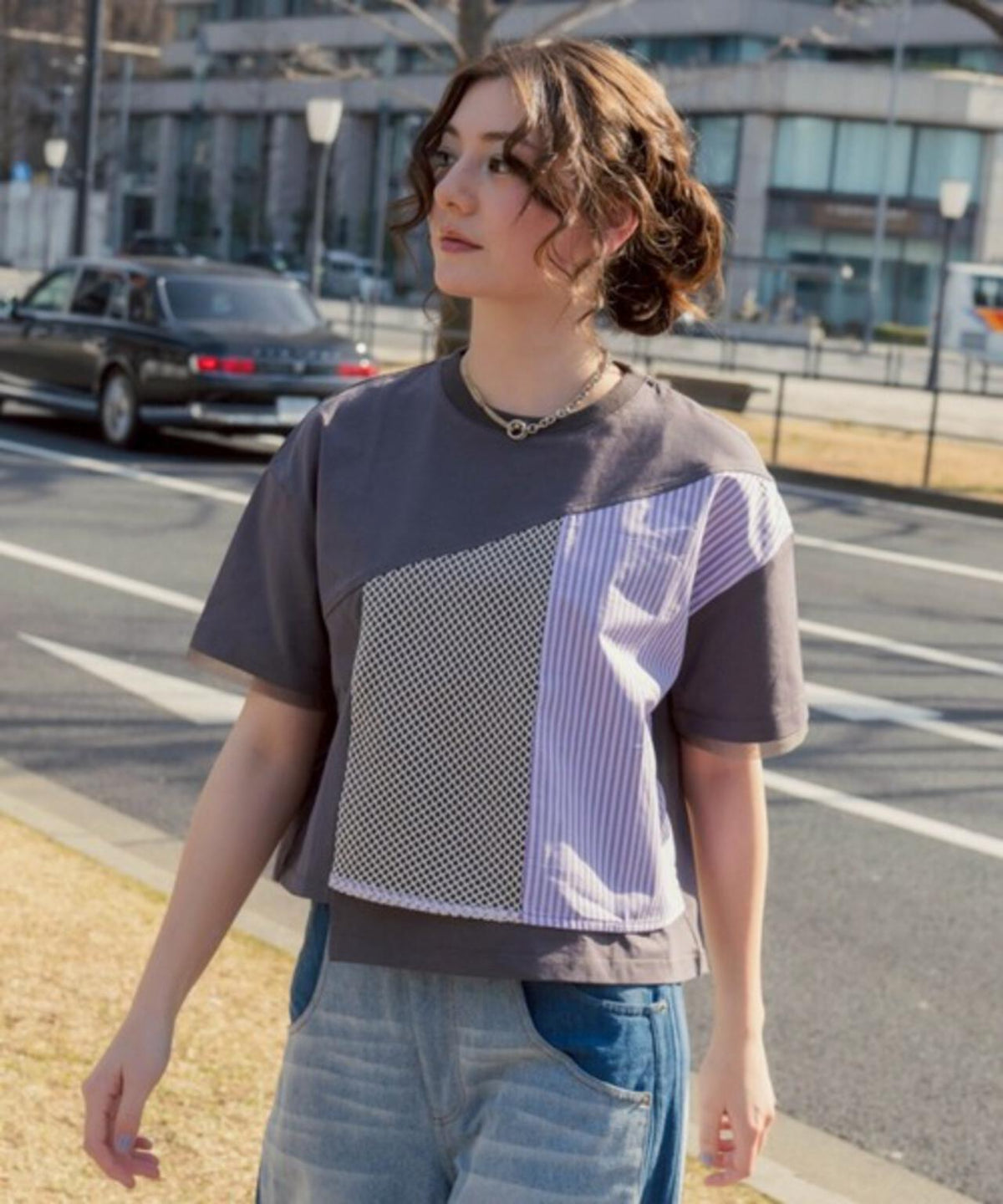 AULA AILA/アウラアイラ/別注メッシュコンビネーションTシャツ