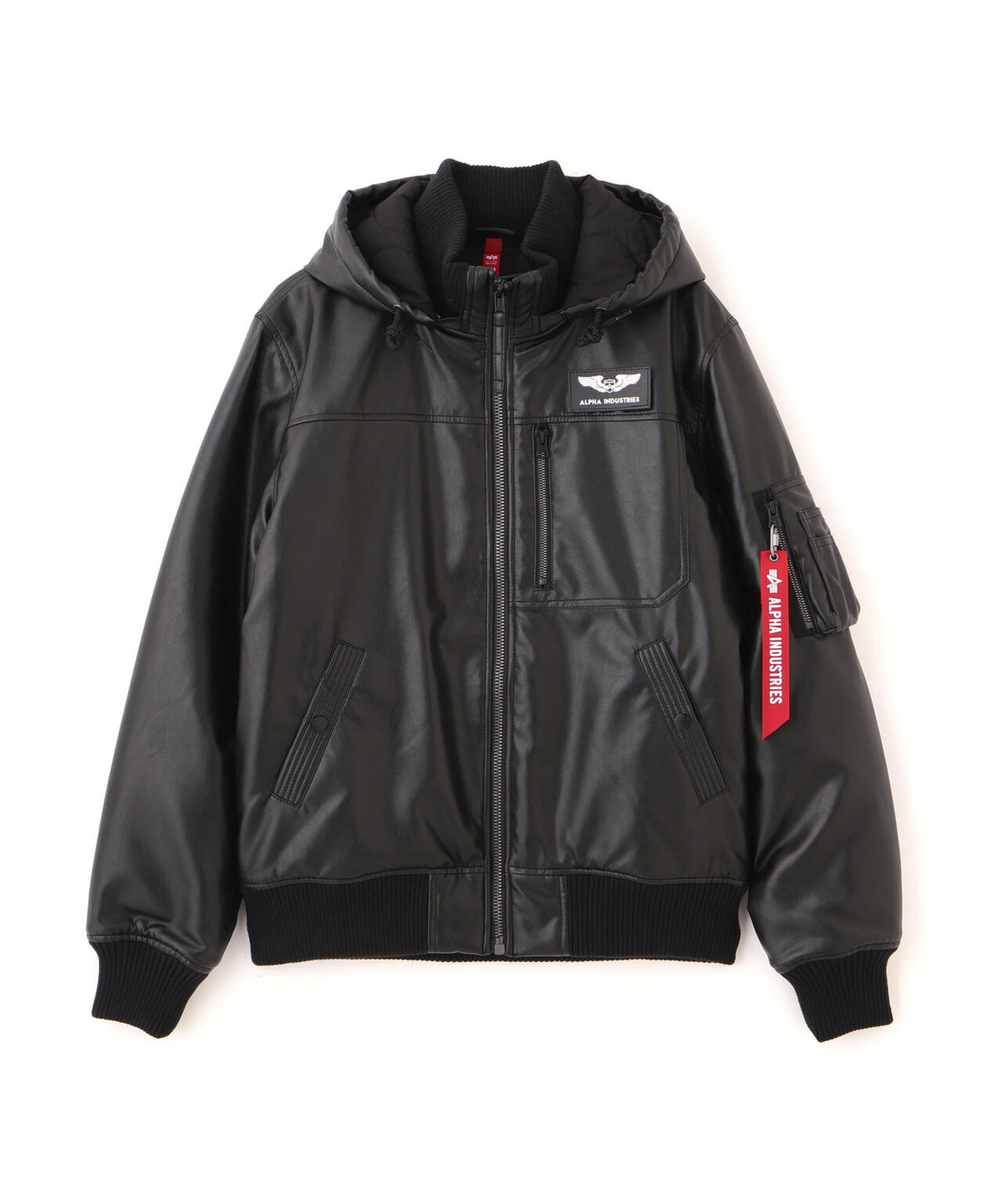FAUX LEATHER HOODED RIB FLIGHT JACKET
