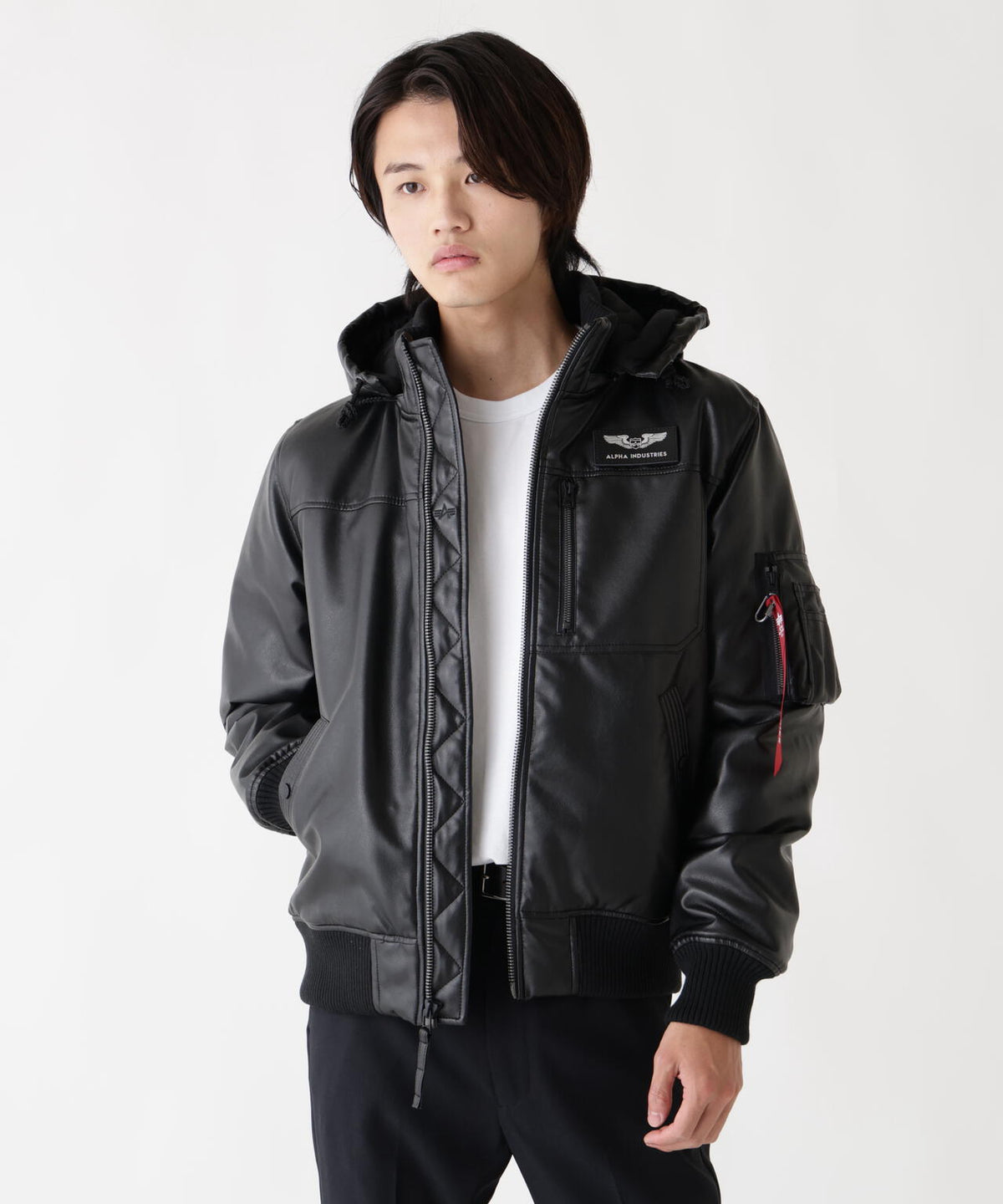 FAUX LEATHER HOODED RIB FLIGHT JACKET