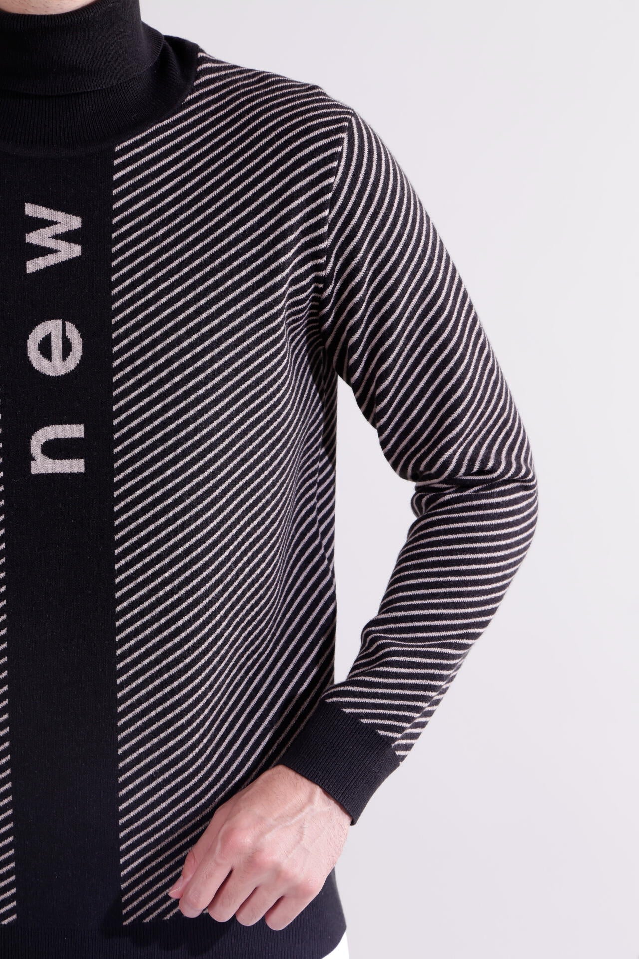 直営店舗限定】ストライプ×ロゴ 蓄熱保温 タートルネック ニット プル