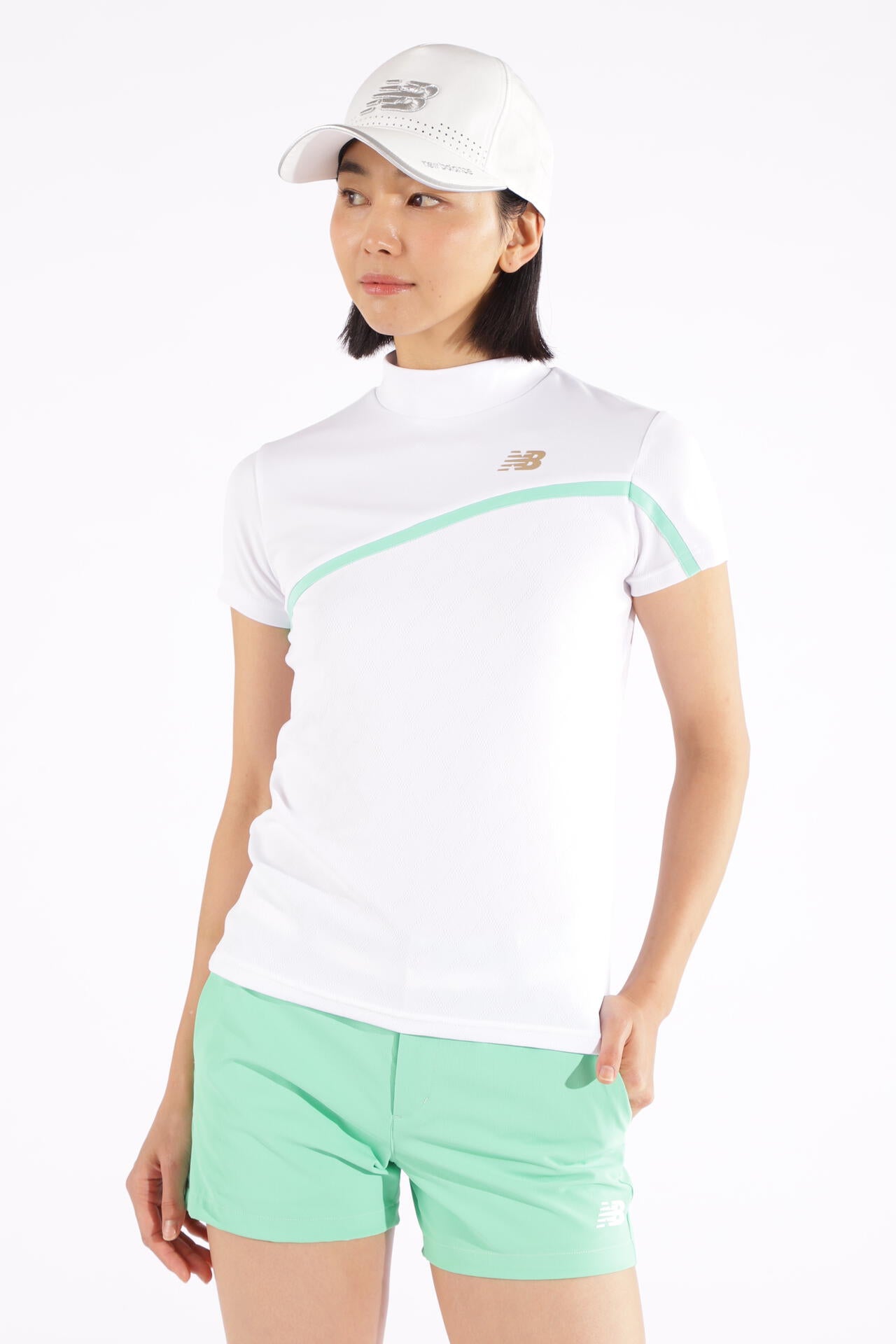 Nオプティカルチェック柄 半袖 モックネック プルオーバー (WOMENS