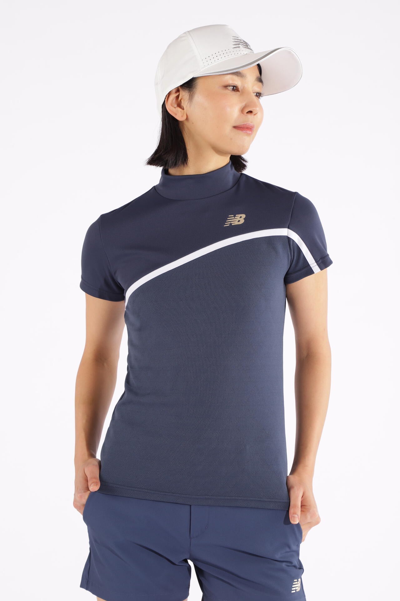 Nオプティカルチェック柄 半袖 モックネック プルオーバー (WOMENS