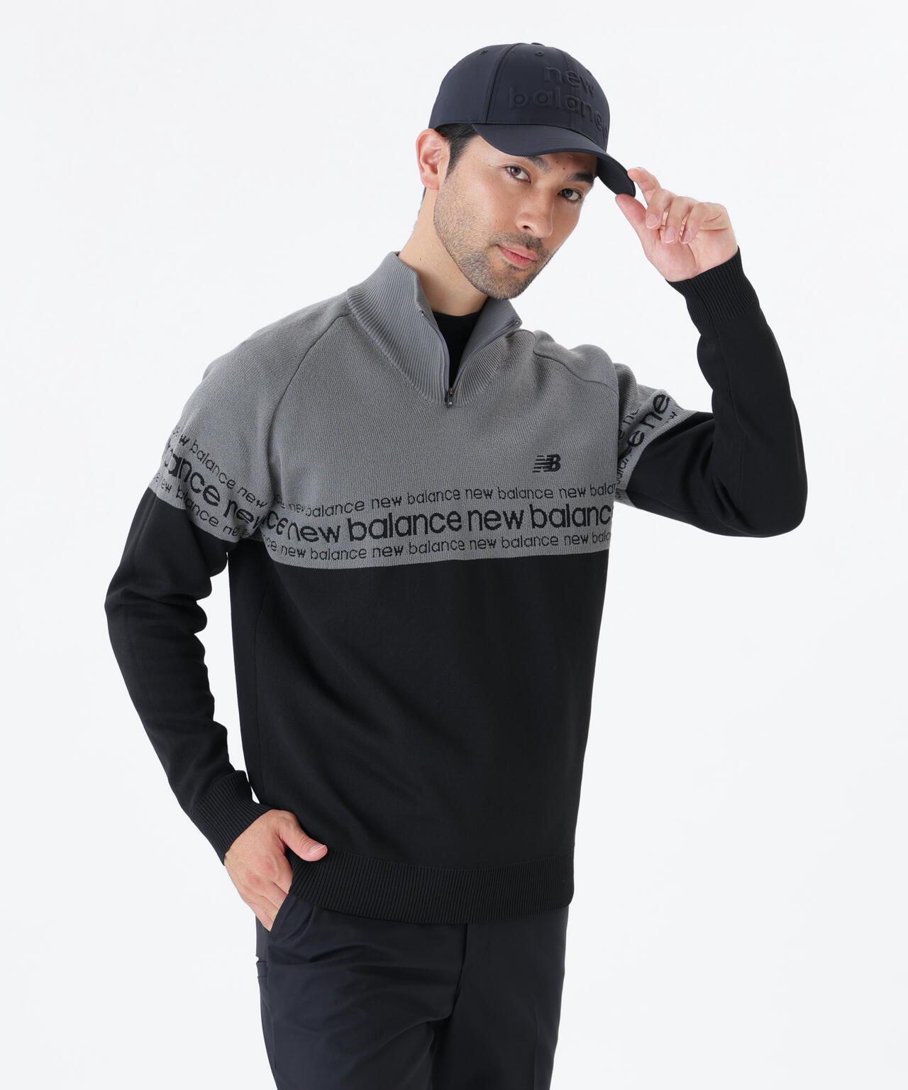 ロゴライン 軽量 ハーフジップ スタンド ニット プルオーバー (MENS)