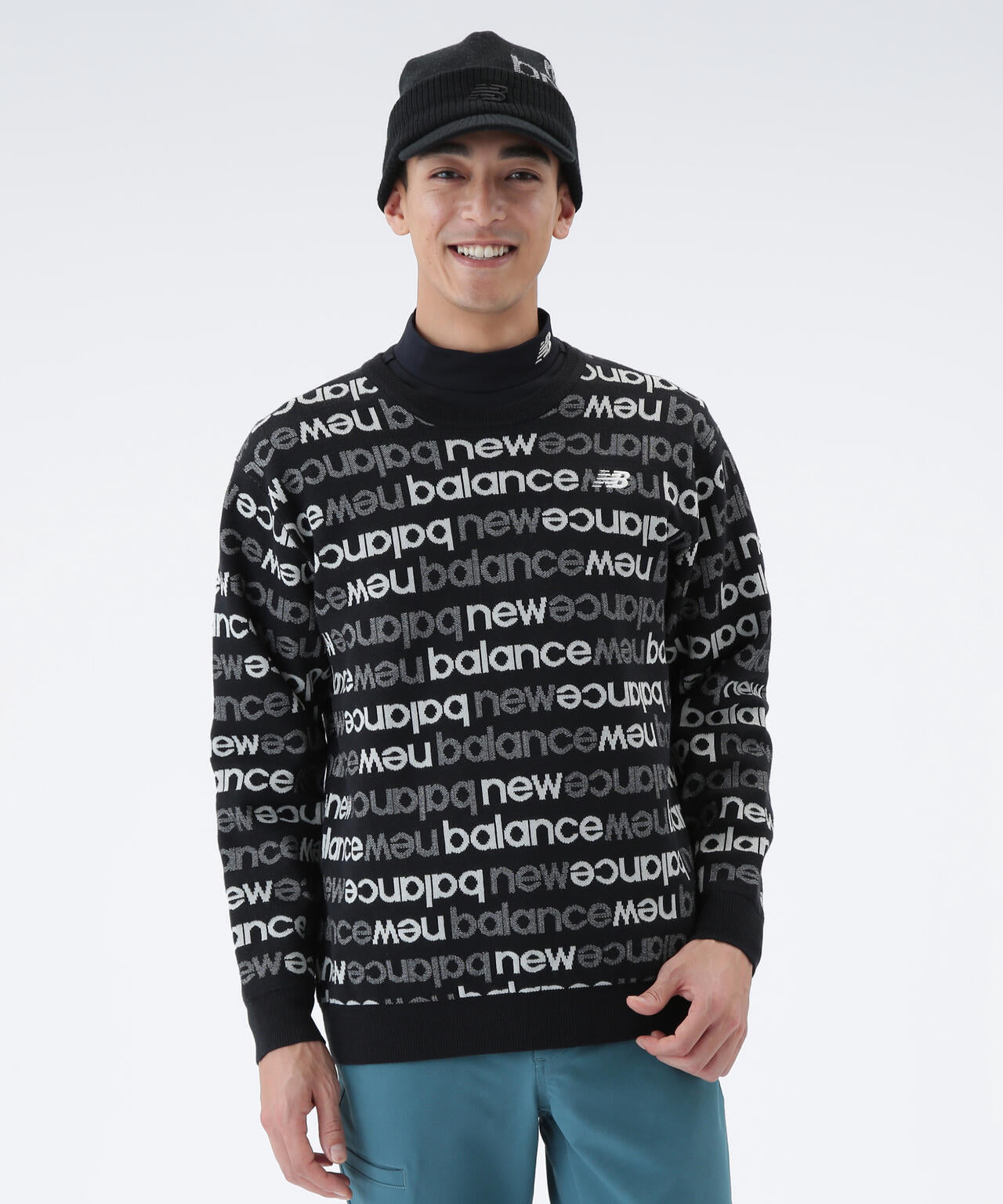 アップサイドダウンロゴボーダー 吸湿発熱 クルーネック ニット プルオーバー (MENS)