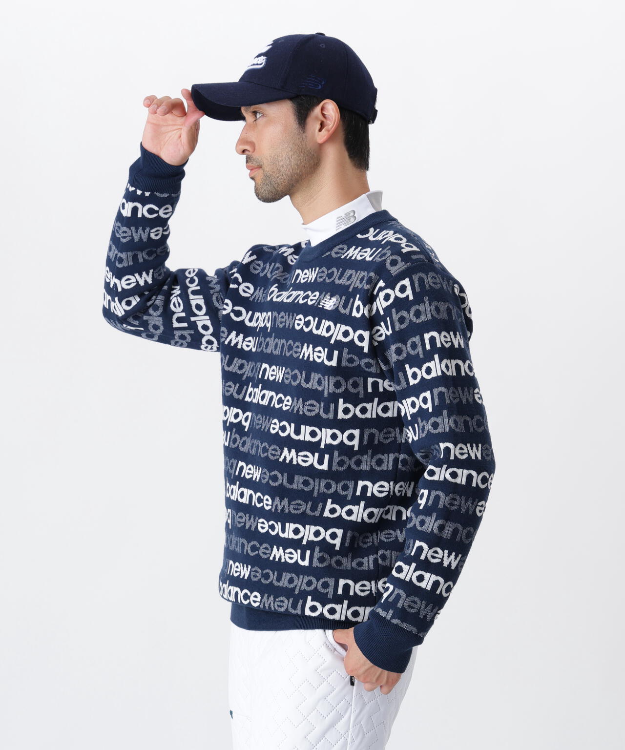 アップサイドダウンロゴボーダー 吸湿発熱 クルーネック ニット プルオーバー (MENS)