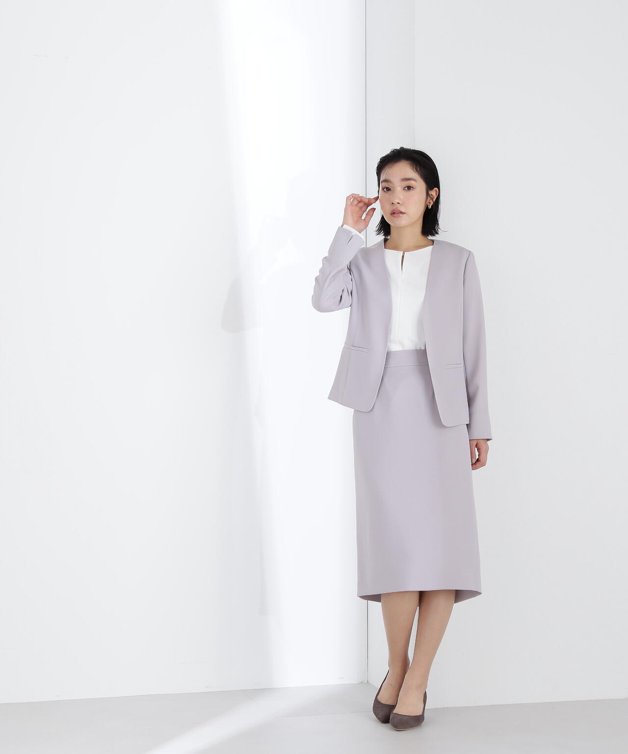 NATURAL BEAUTY BASIC ポリエステルドビーSET UP 洗える]＜ポリエステルドビーSET UP＞ノーカラージャケット | NATURAL