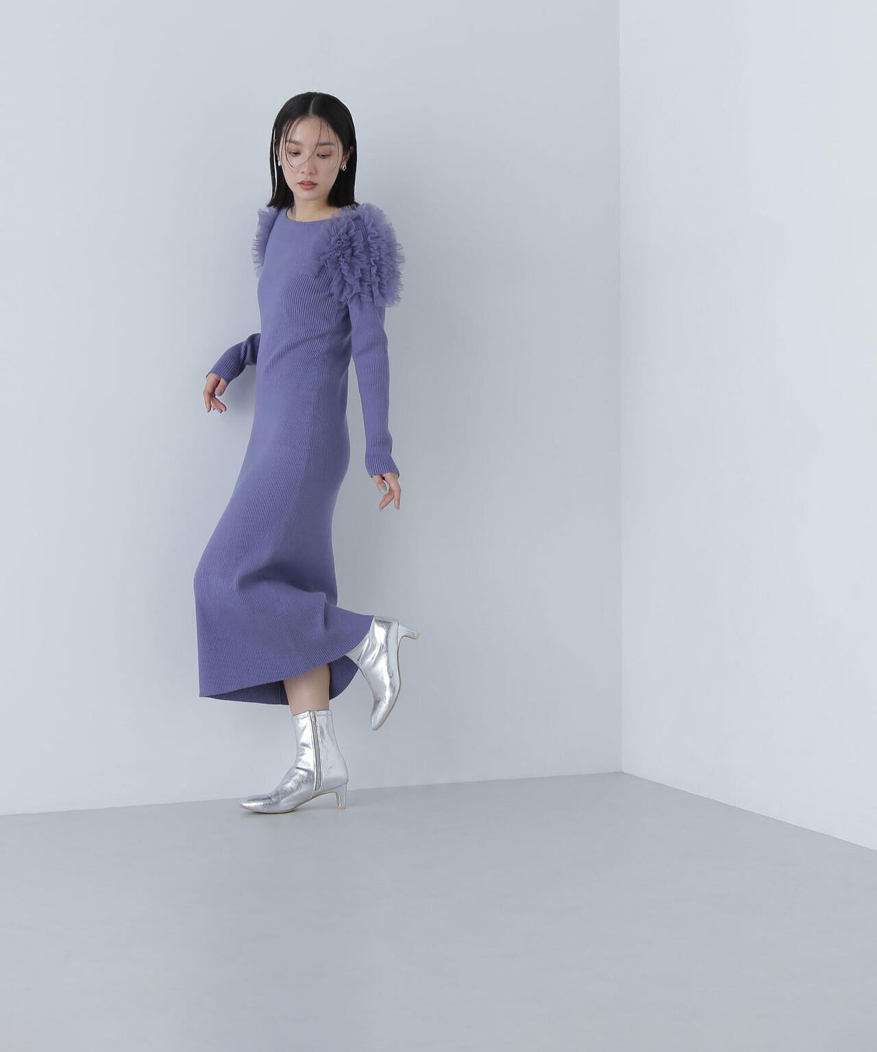 人気✨グレースコンチネンタル チュールニットワンピース 36 セットアップ 紫 チュールフリルショルダーニットワンピース | NATURAL BEAUTY BASIC