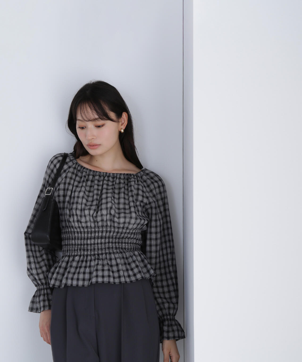 最終値下げ・ゆったりチェックブラウス(ブラック+ベージュのチェック