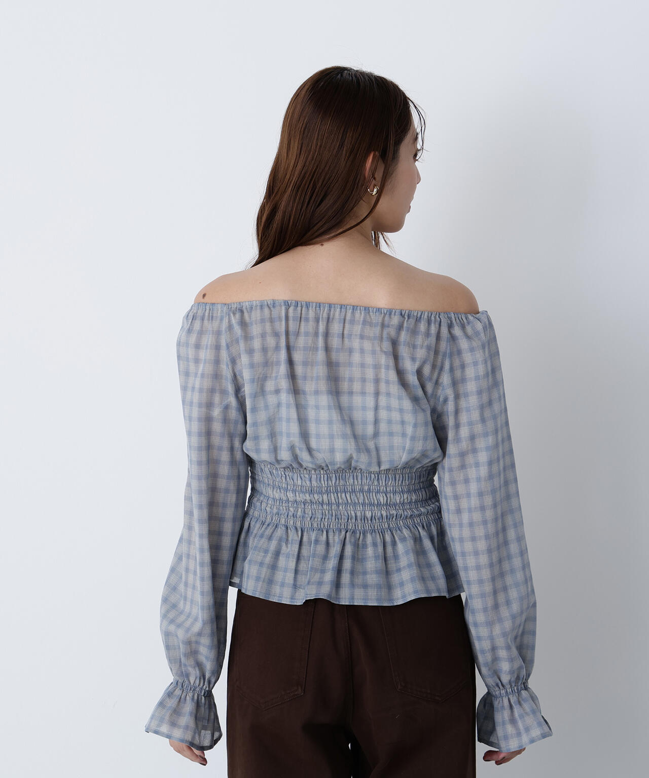 チェックペプラムブラウス