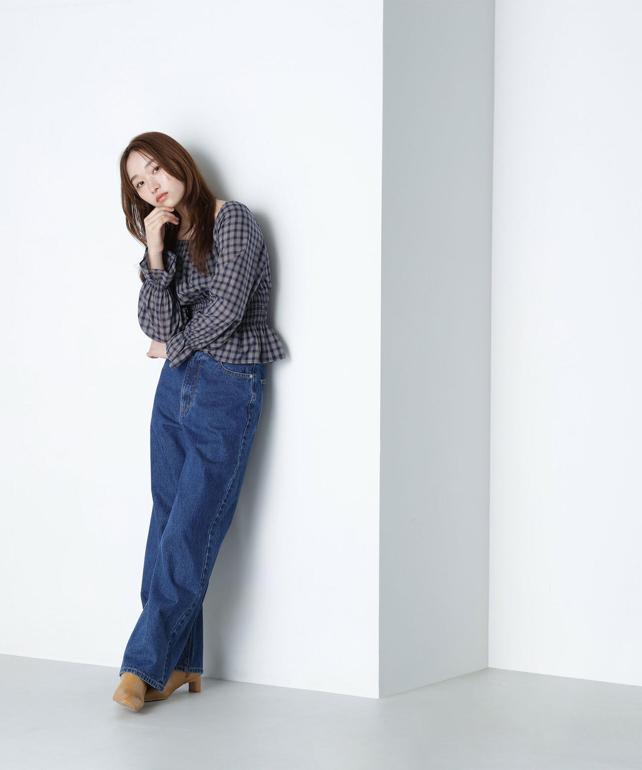 チェックペプラムブラウス