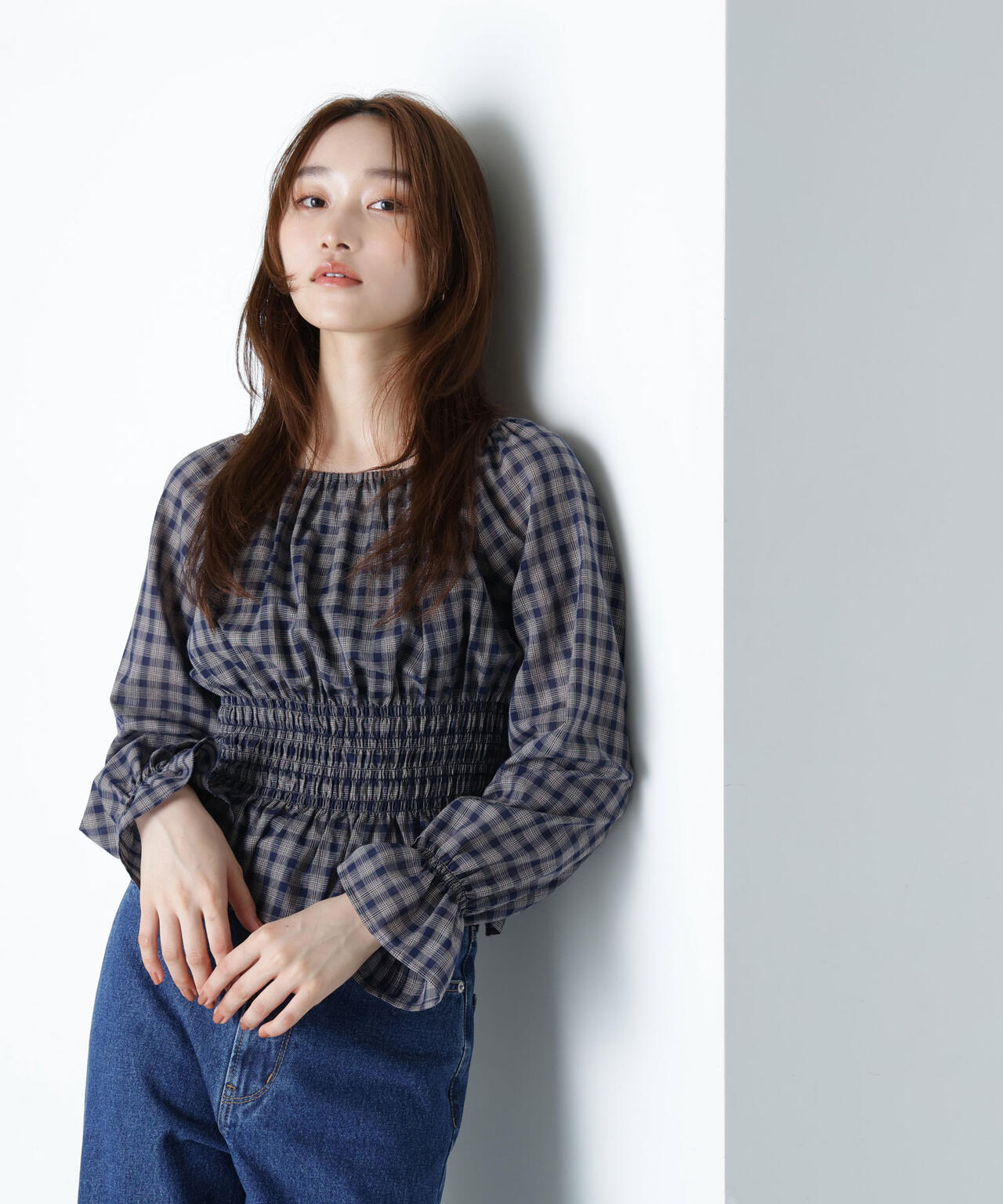 チェックペプラムブラウス