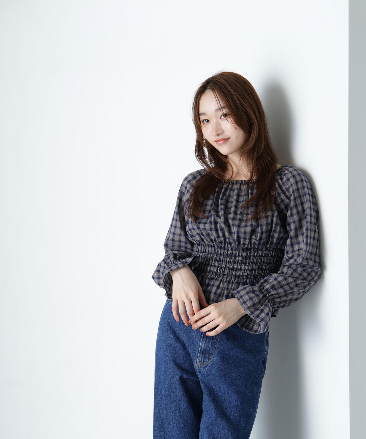 チェックペプラムブラウス