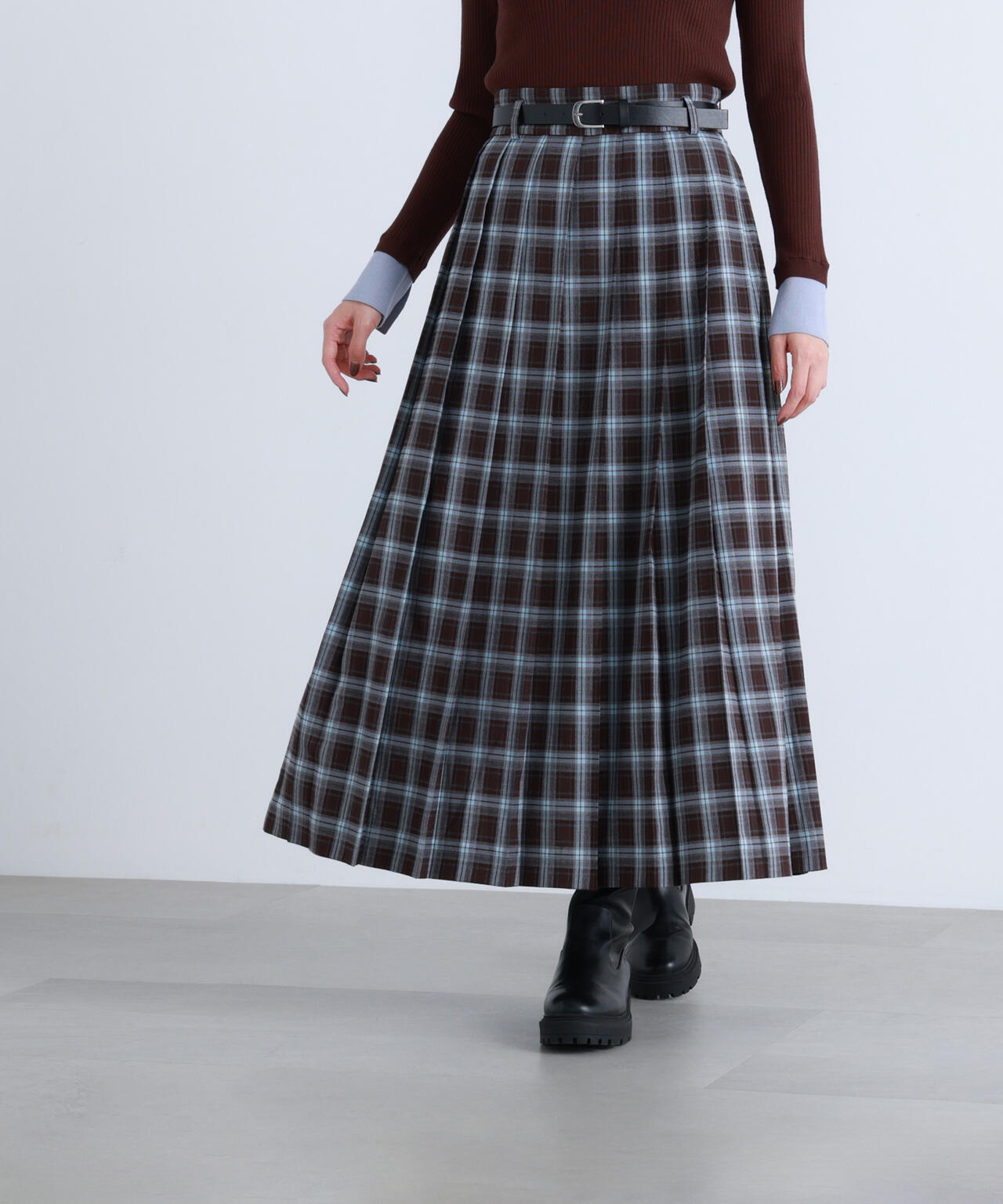 ベルテッドチェックプリーツスカート