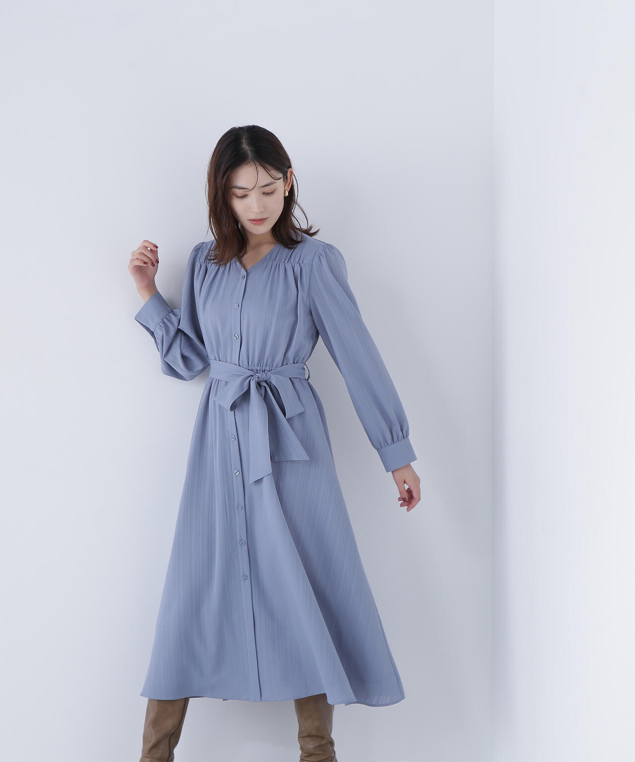 NATURAL BEAUTY BASIC シャドーストライプフレアワンピース NATURAL