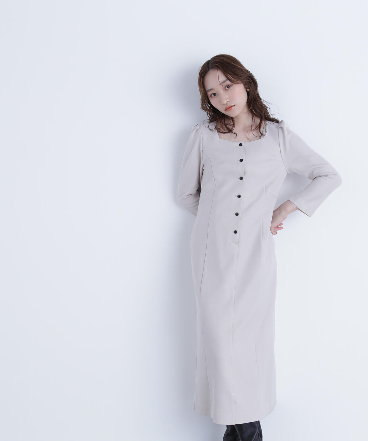 バイカラーボタンナローワンピース