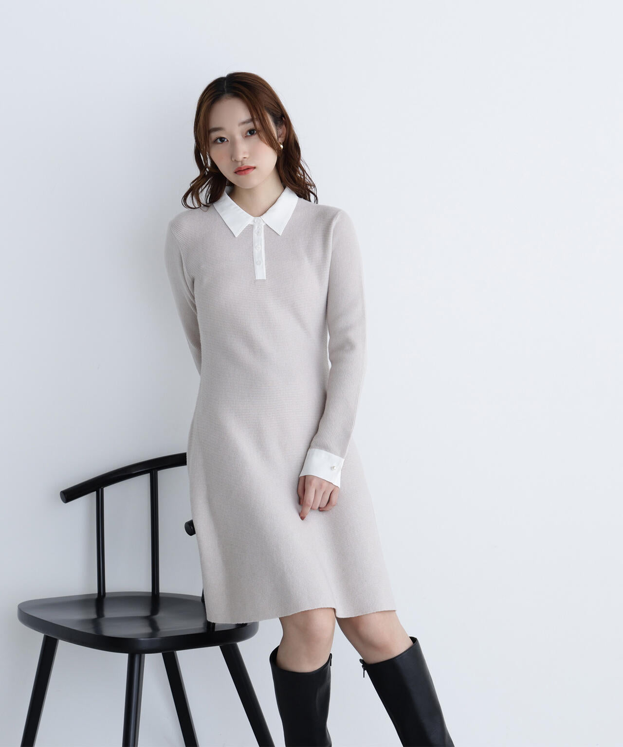 シャツカラーミニニットワンピース
