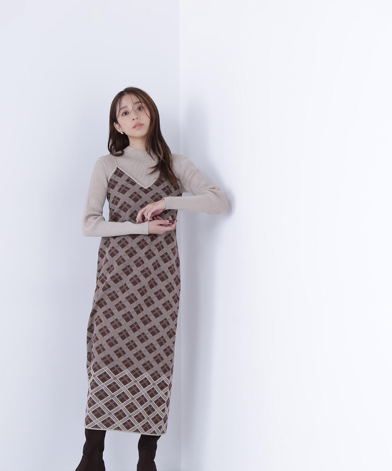 チェックニットキャミワンピースセット