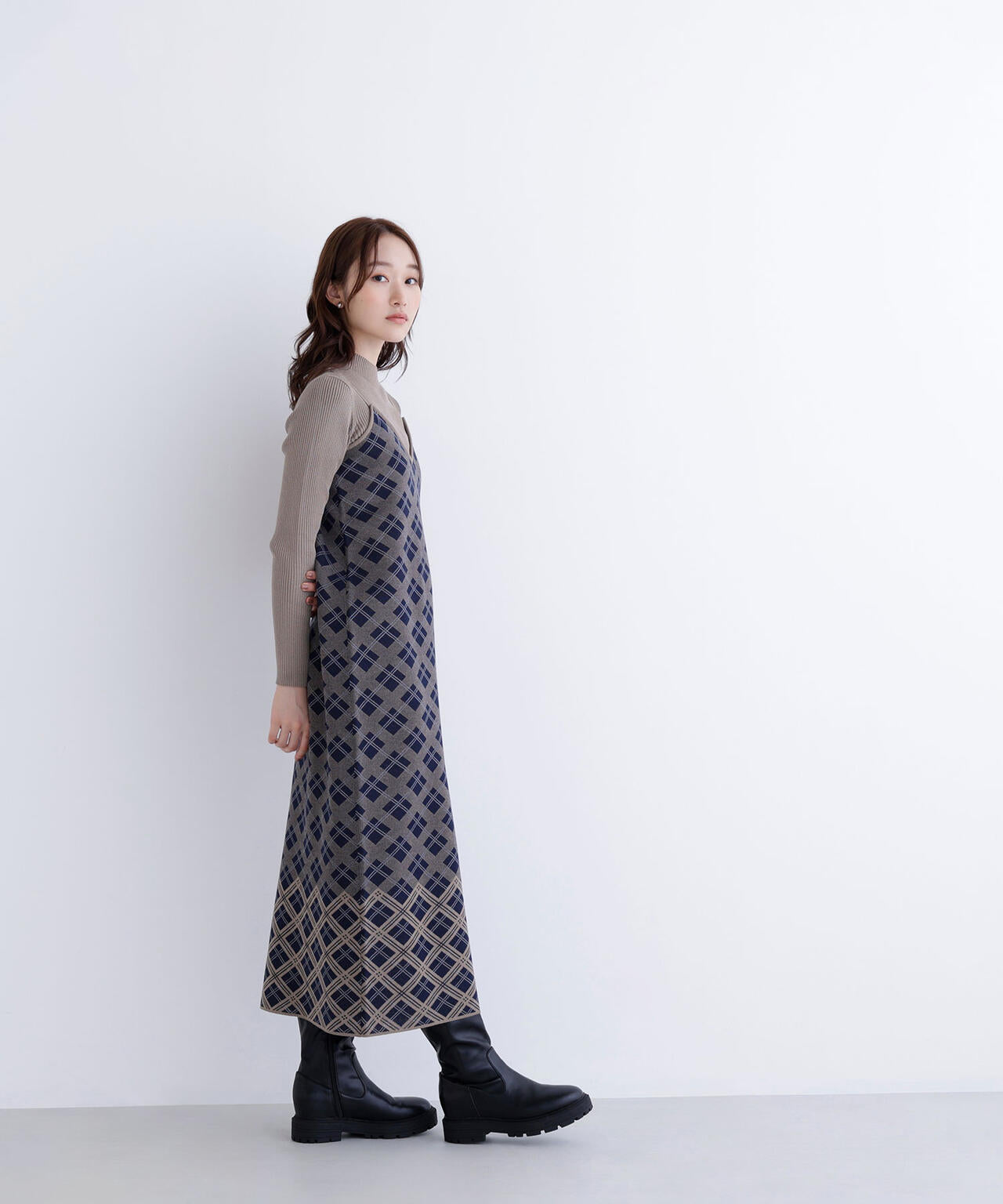 チェックニットキャミワンピースセット