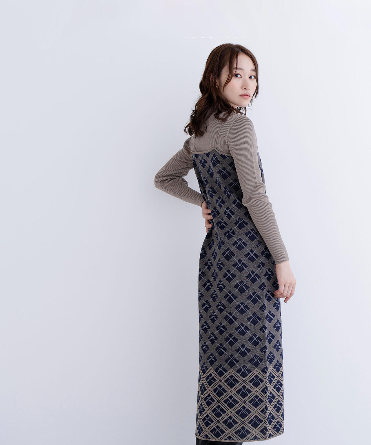 チェックニットキャミワンピースセット