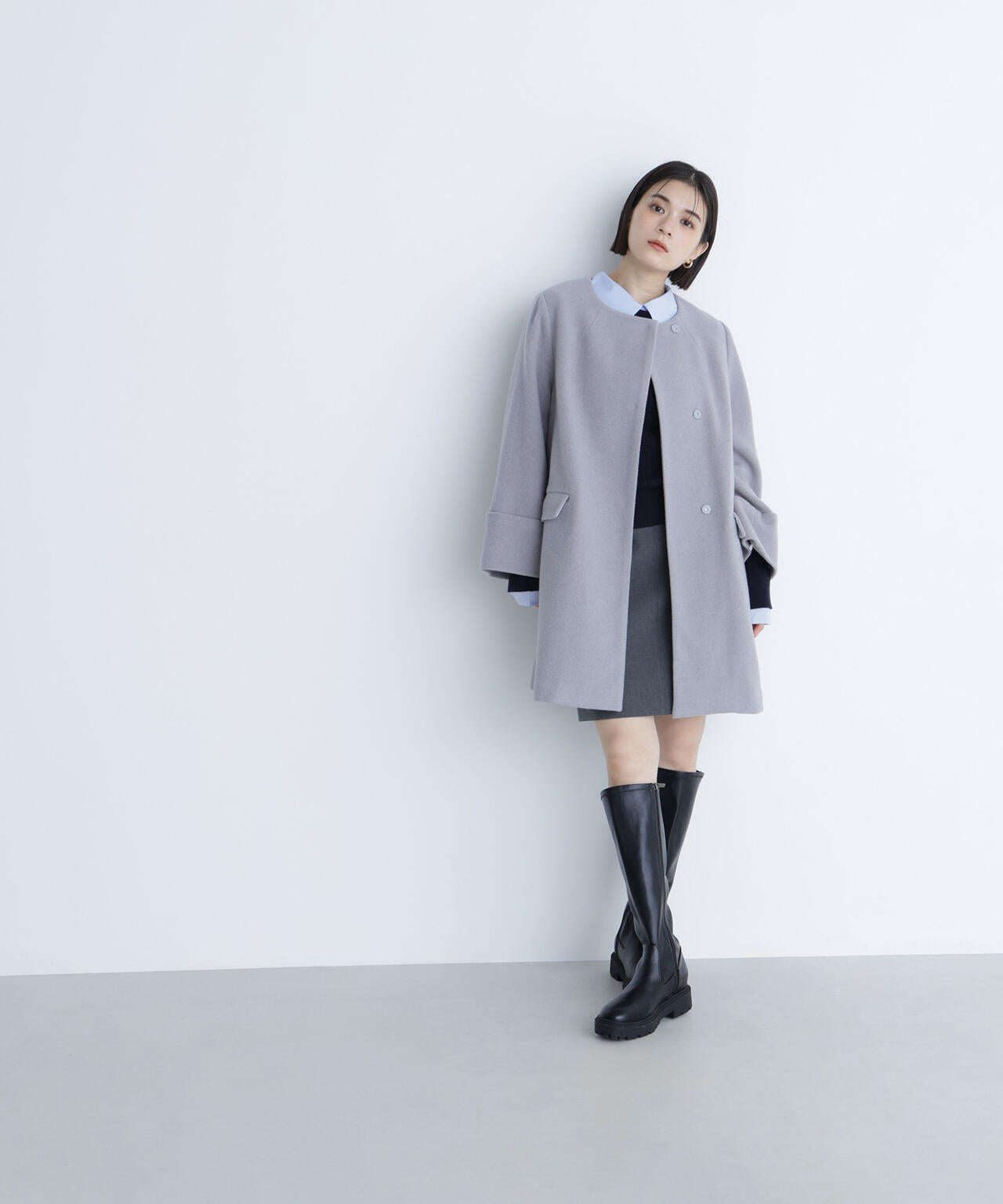 ノーカラーミドルコート