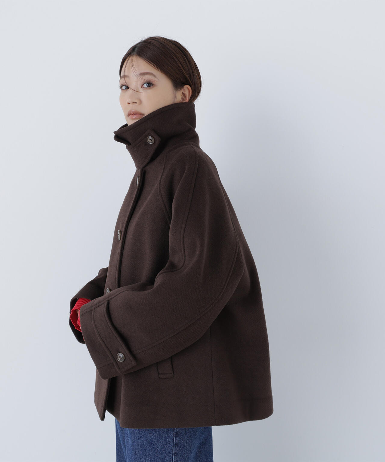 【ルミネ・ルクア・mix.tokyo 限定カラー：ダークブラウン2】ステンカラーハーフコート