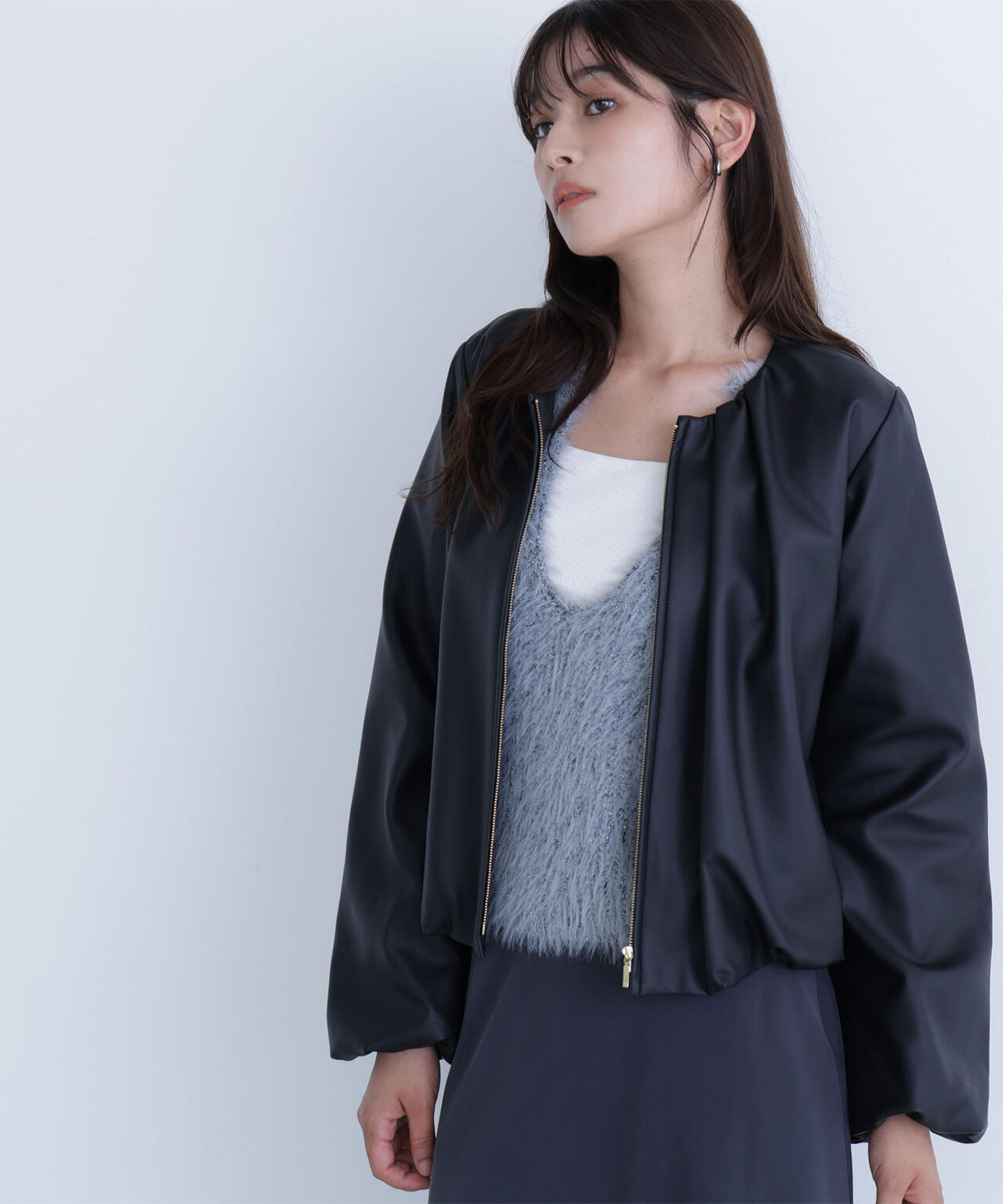 フェイクレザーギャザーブルゾン | NATURAL BEAUTY BASIC（ナチュラル