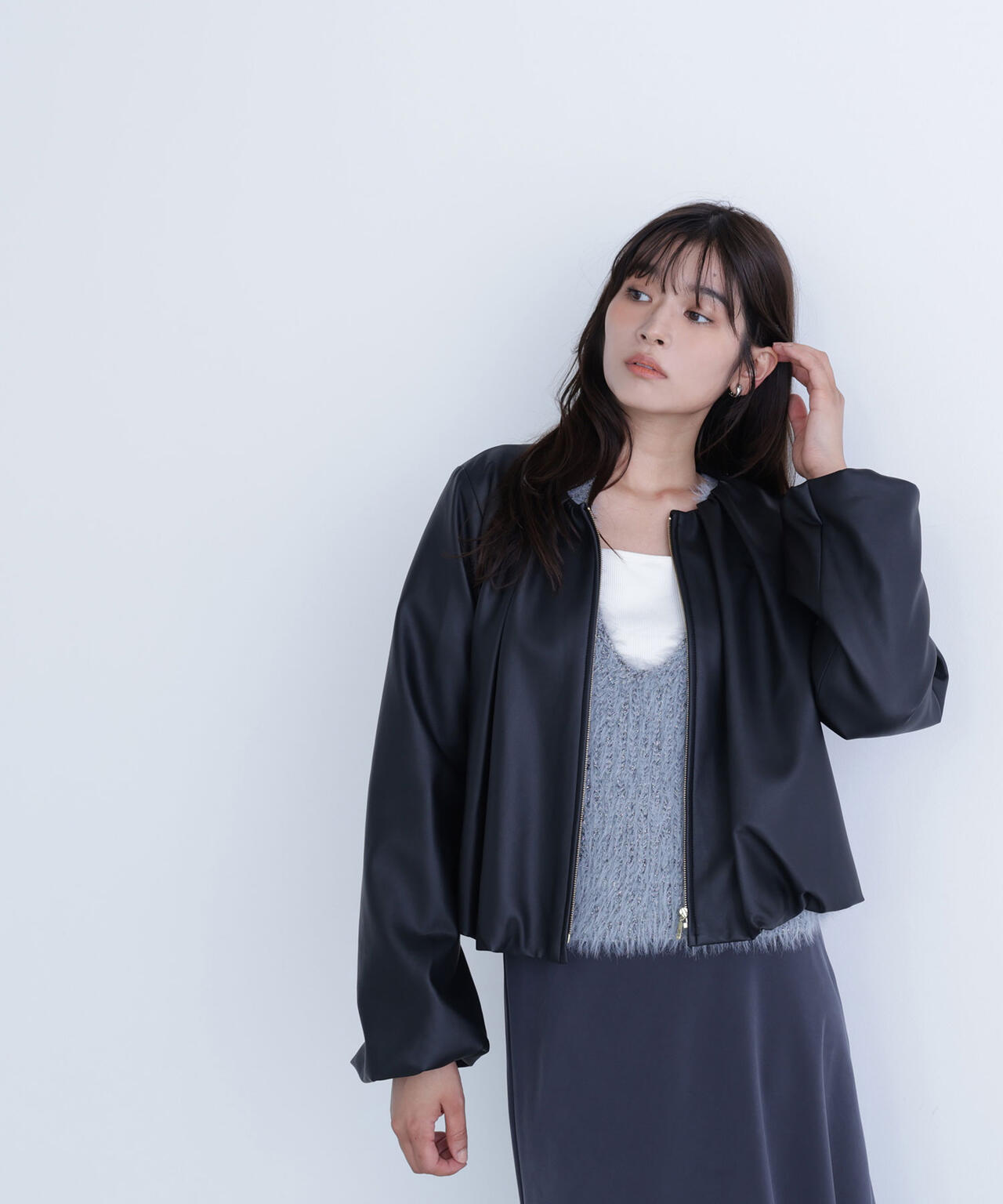 フェイクレザーギャザーブルゾン | NATURAL BEAUTY BASIC（ナチュラル