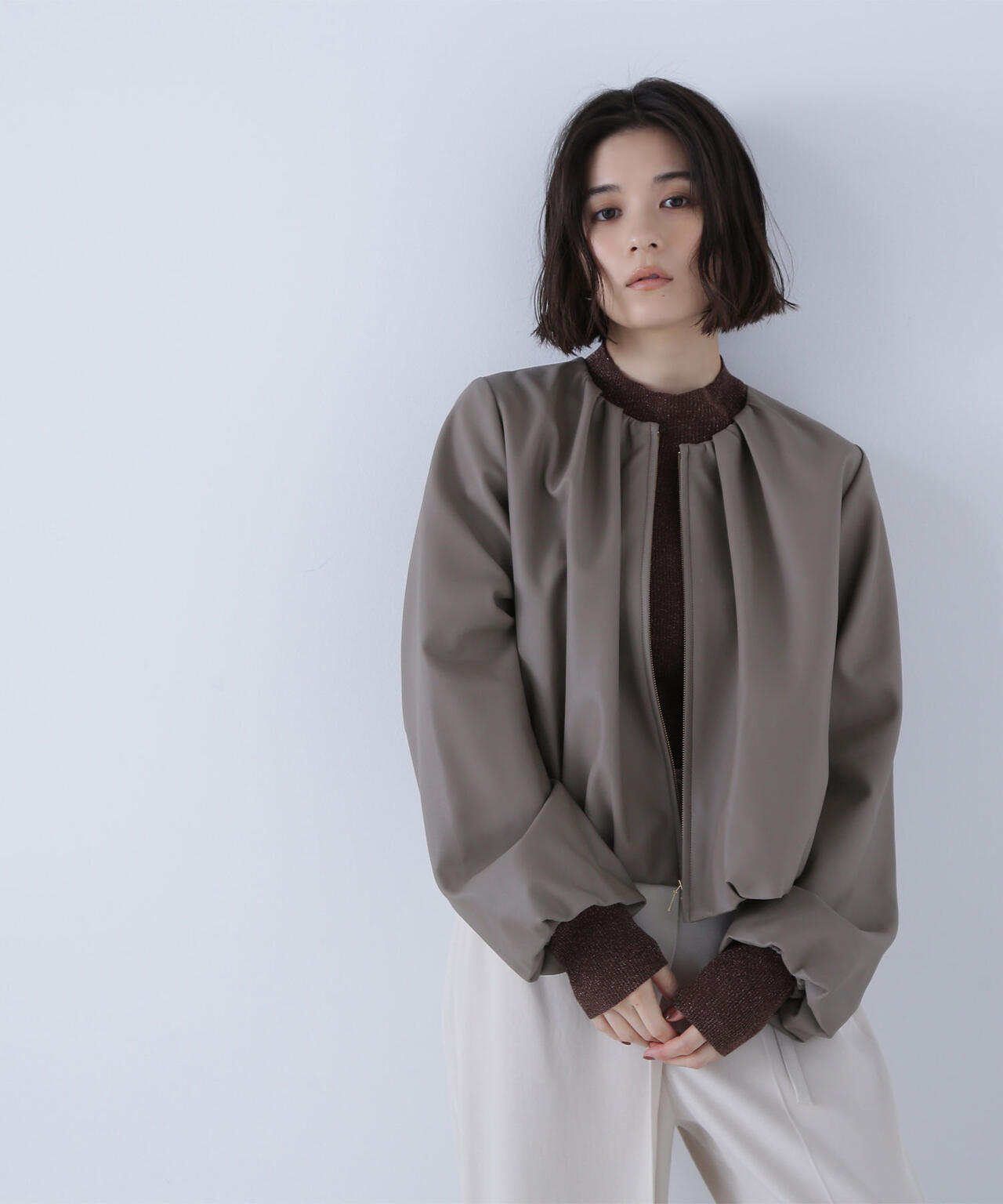 フェイクレザーギャザーブルゾン