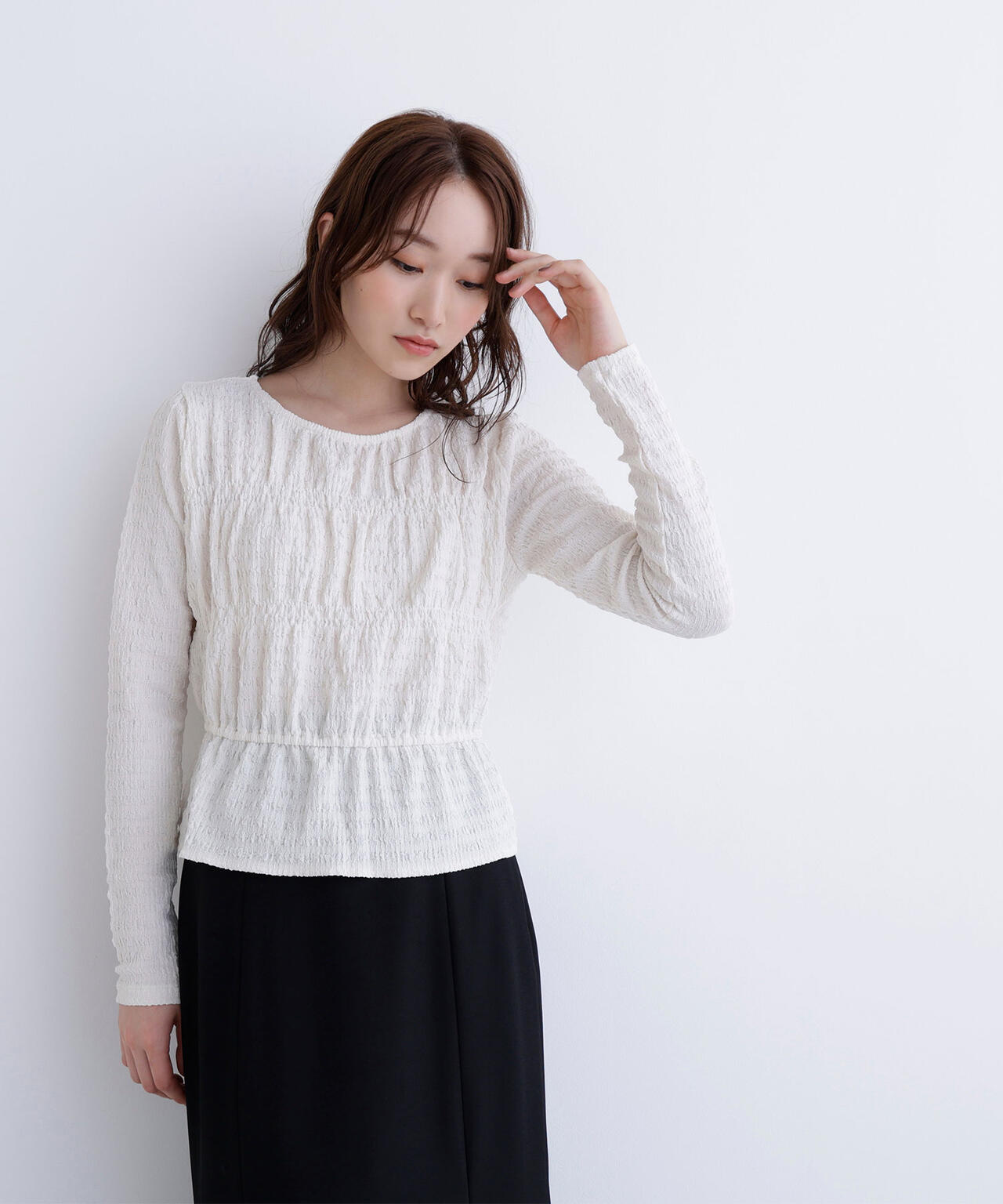 シャーリングペプラムカットソー長袖