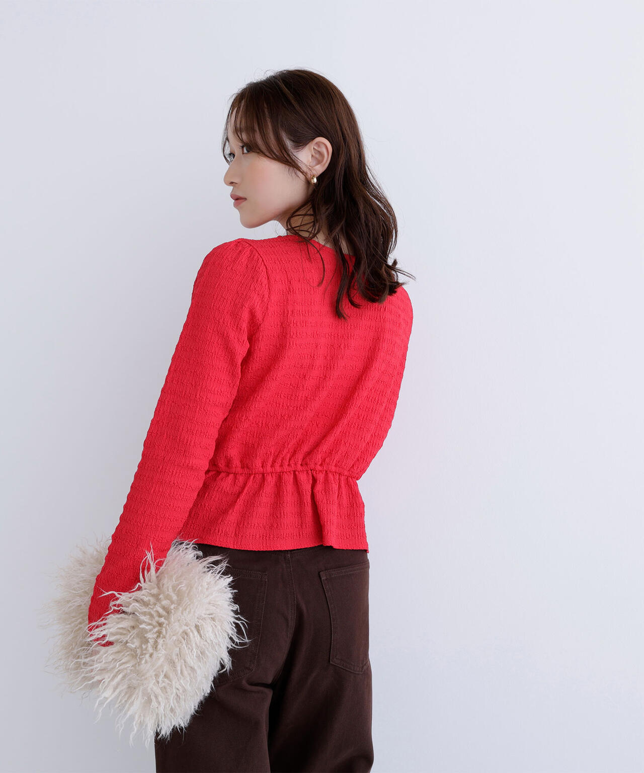 シャーリングペプラムカットソー長袖