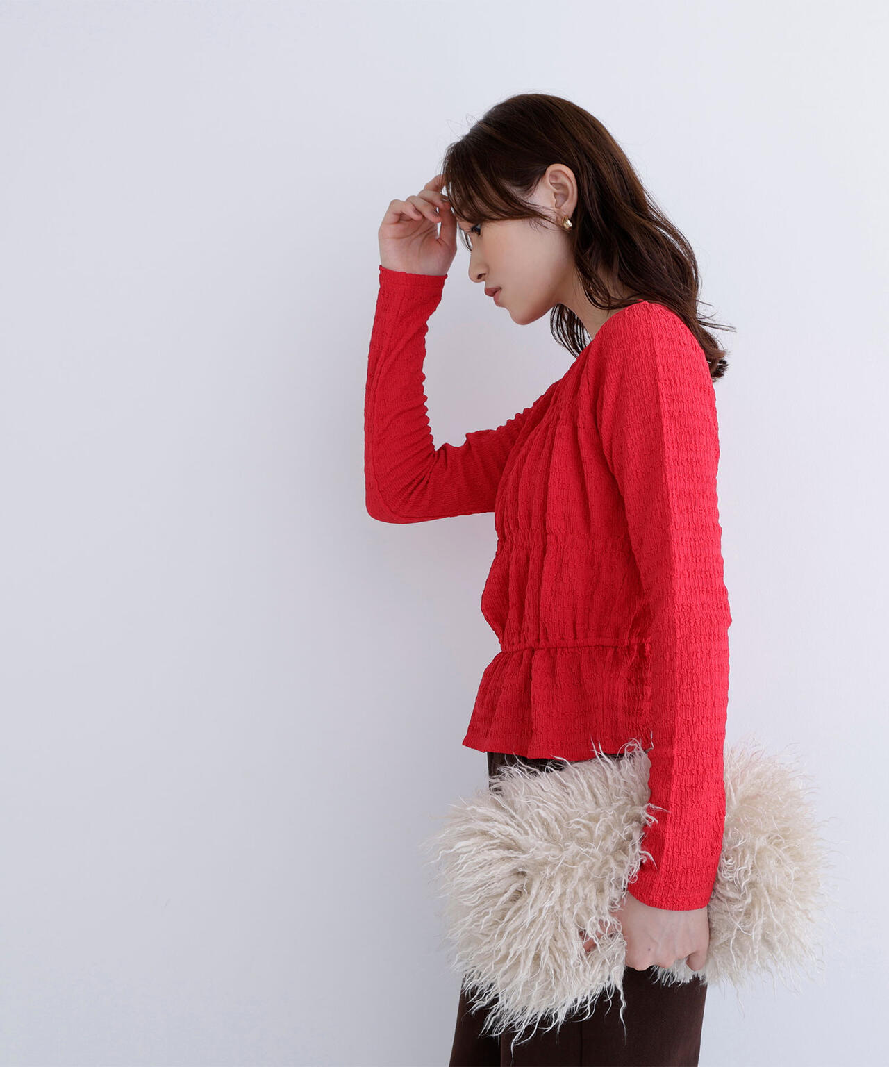 シャーリングペプラムカットソー長袖