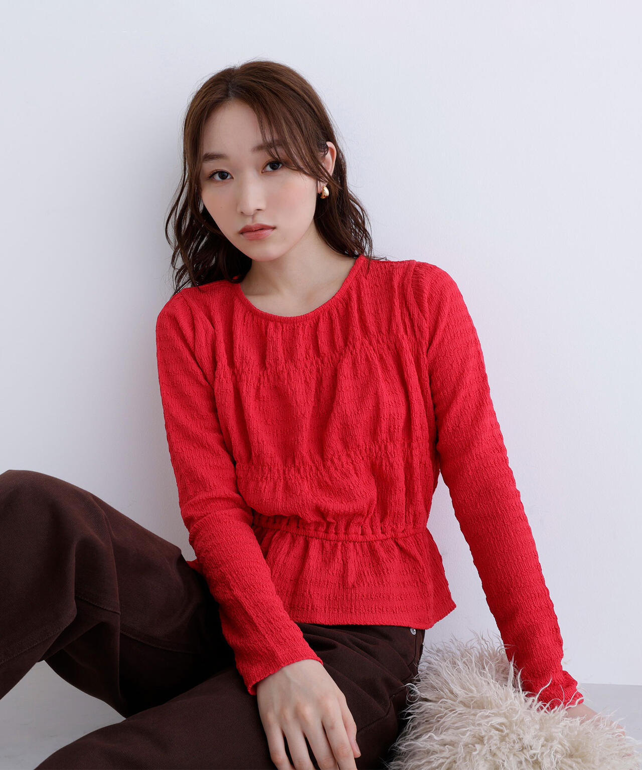 シャーリングペプラムカットソー長袖