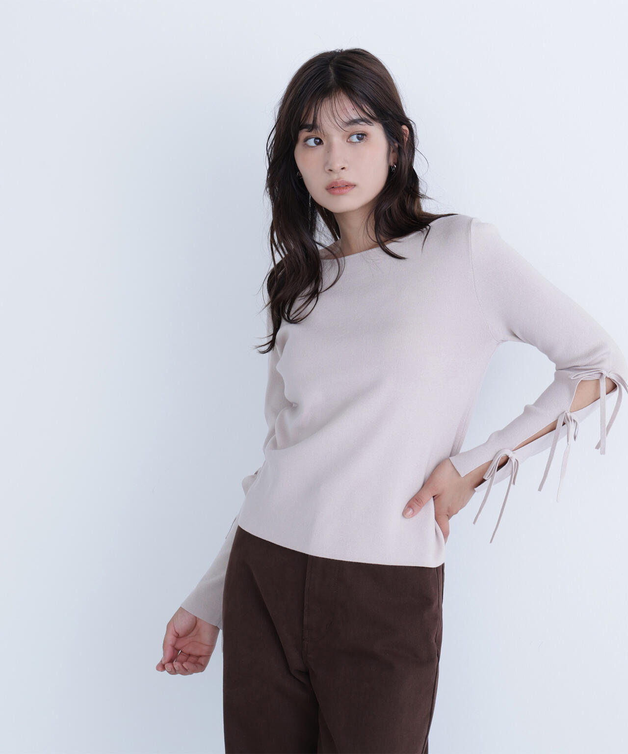 スリットリボンスリーブニット