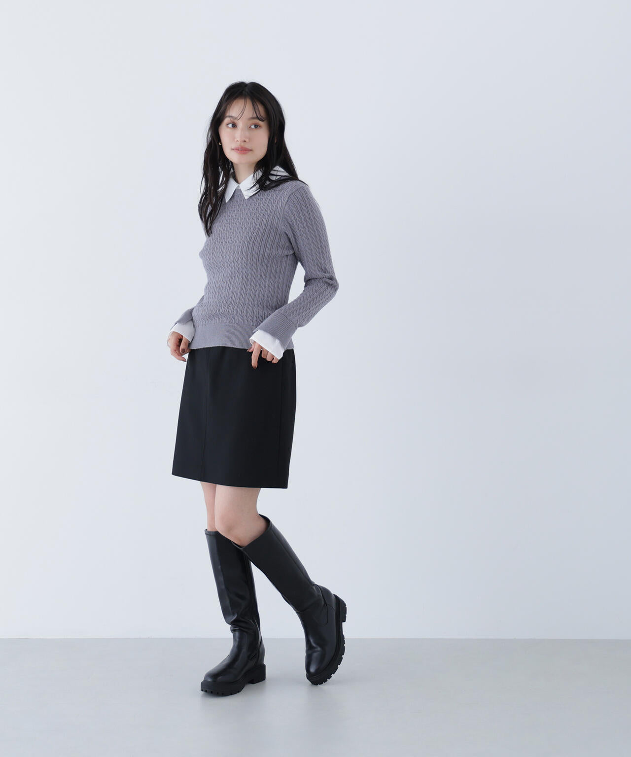 シャツカラードッキングケーブルニット