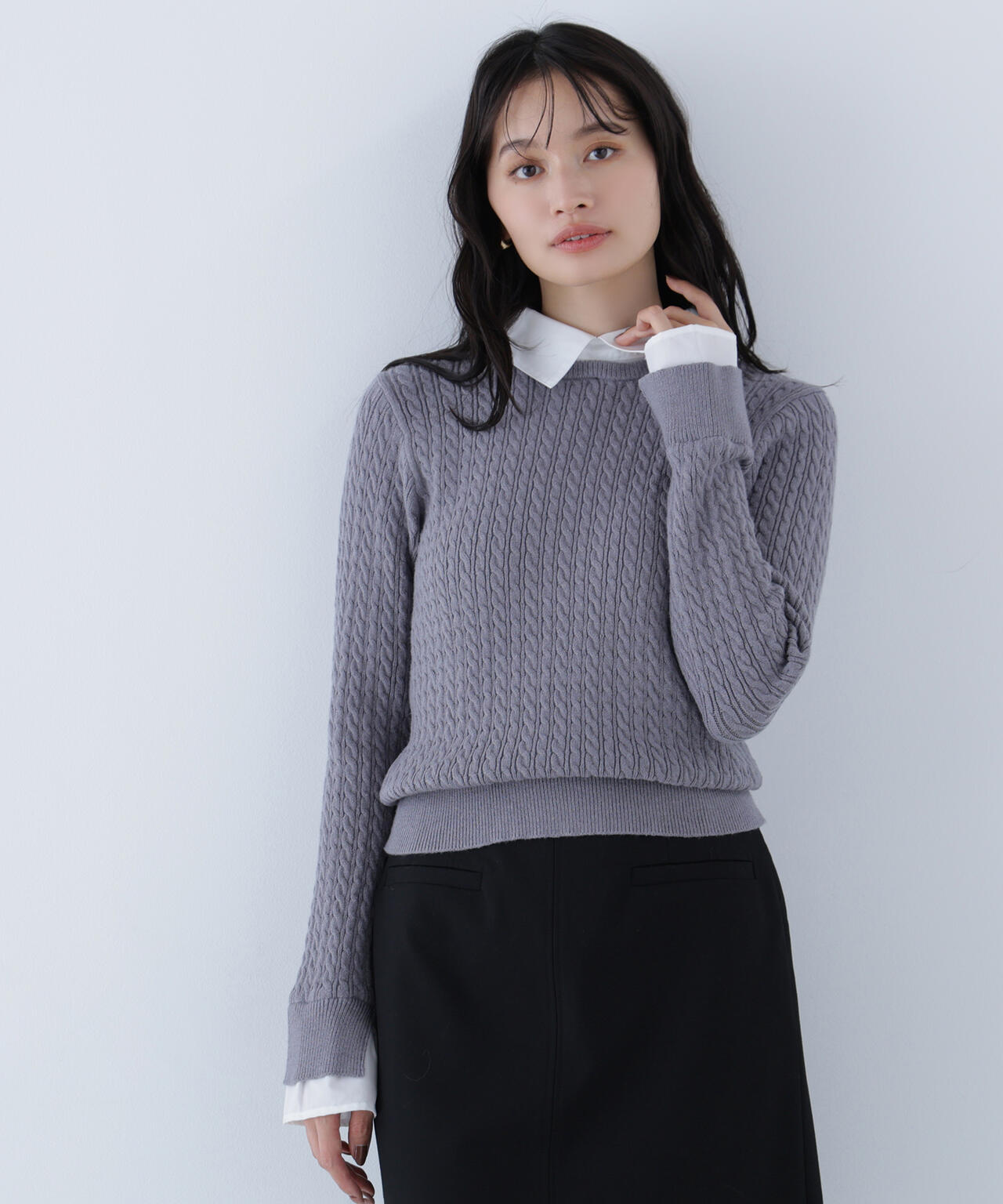 シャツカラードッキングケーブルニット