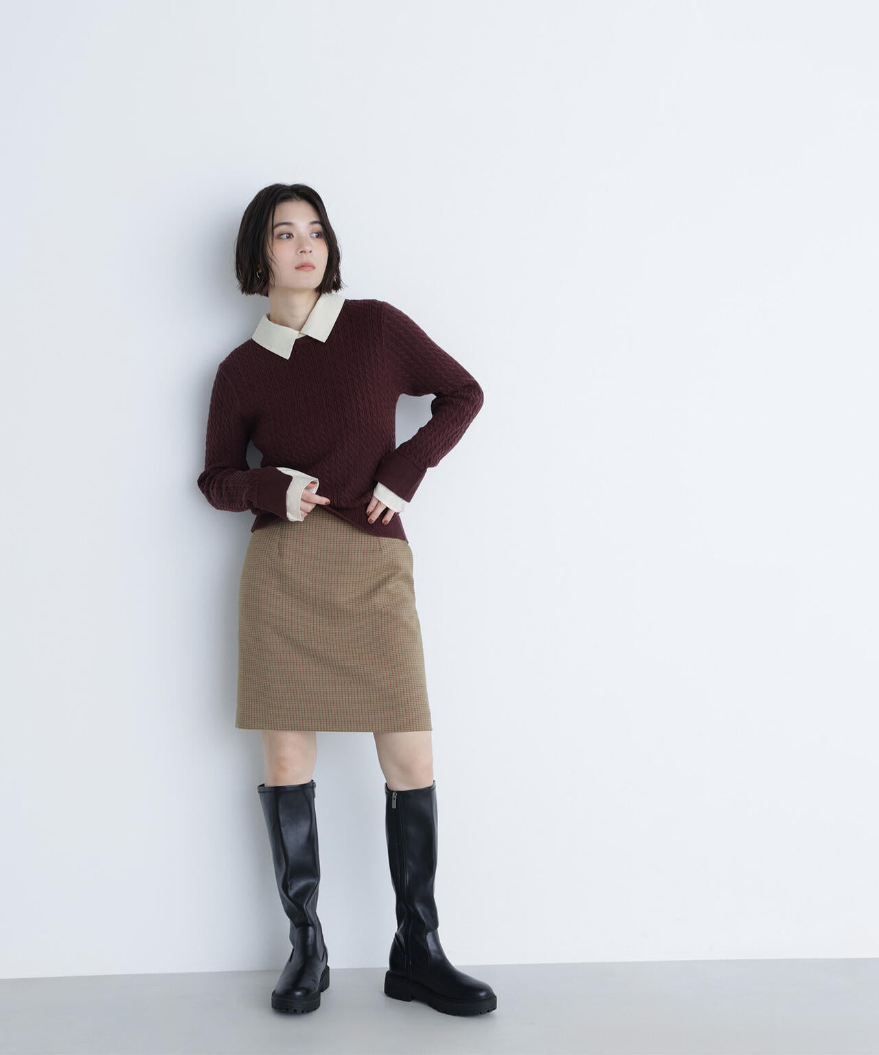 シャツカラードッキングケーブルニット