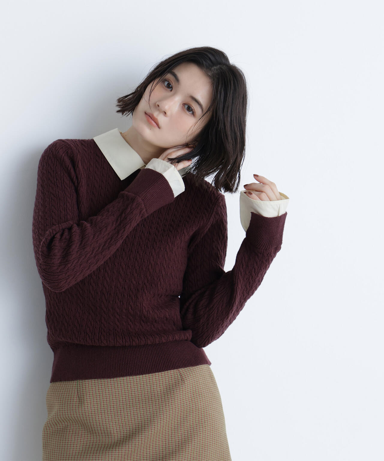 シャツカラードッキングケーブルニット