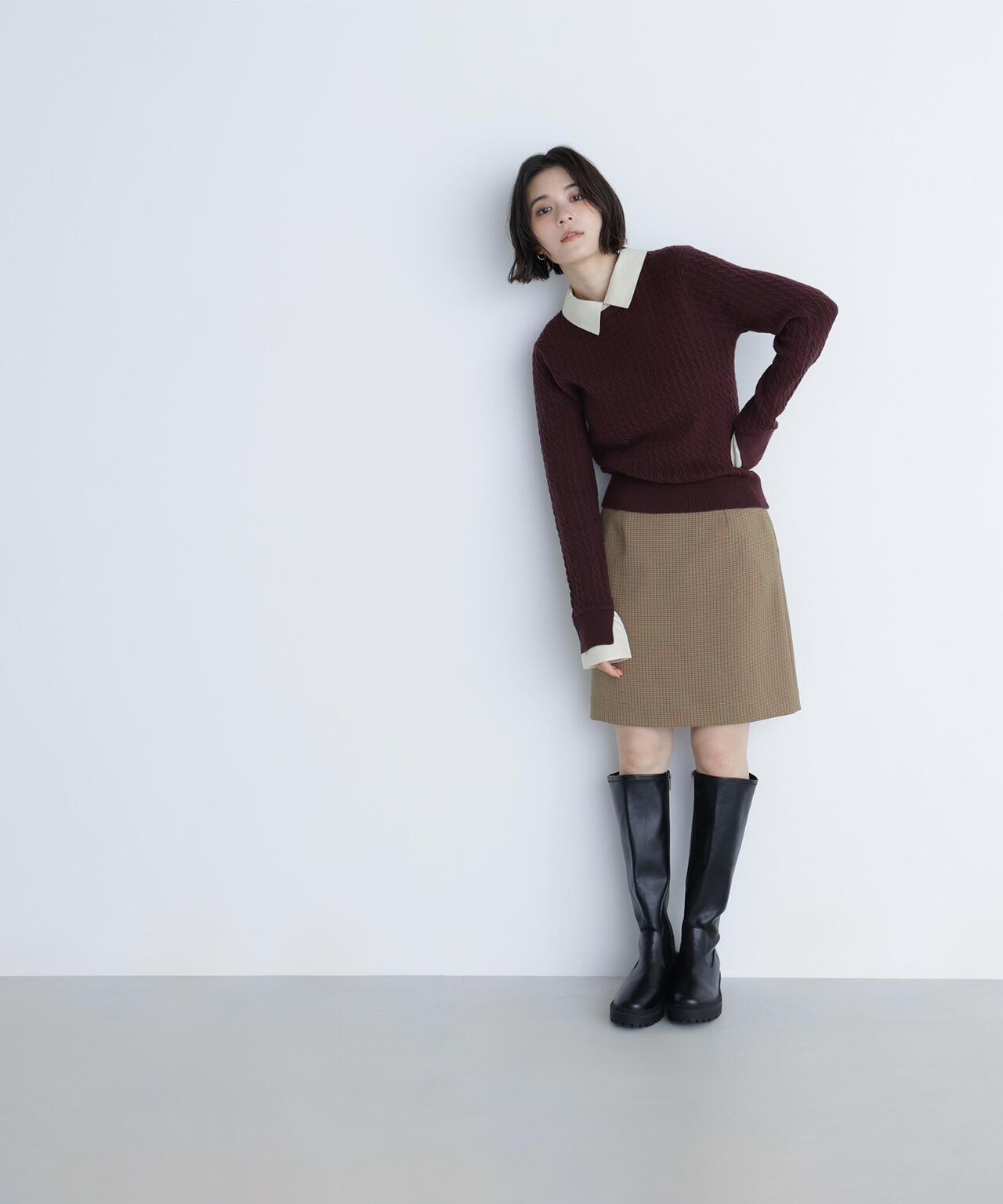 シャツカラードッキングケーブルニット