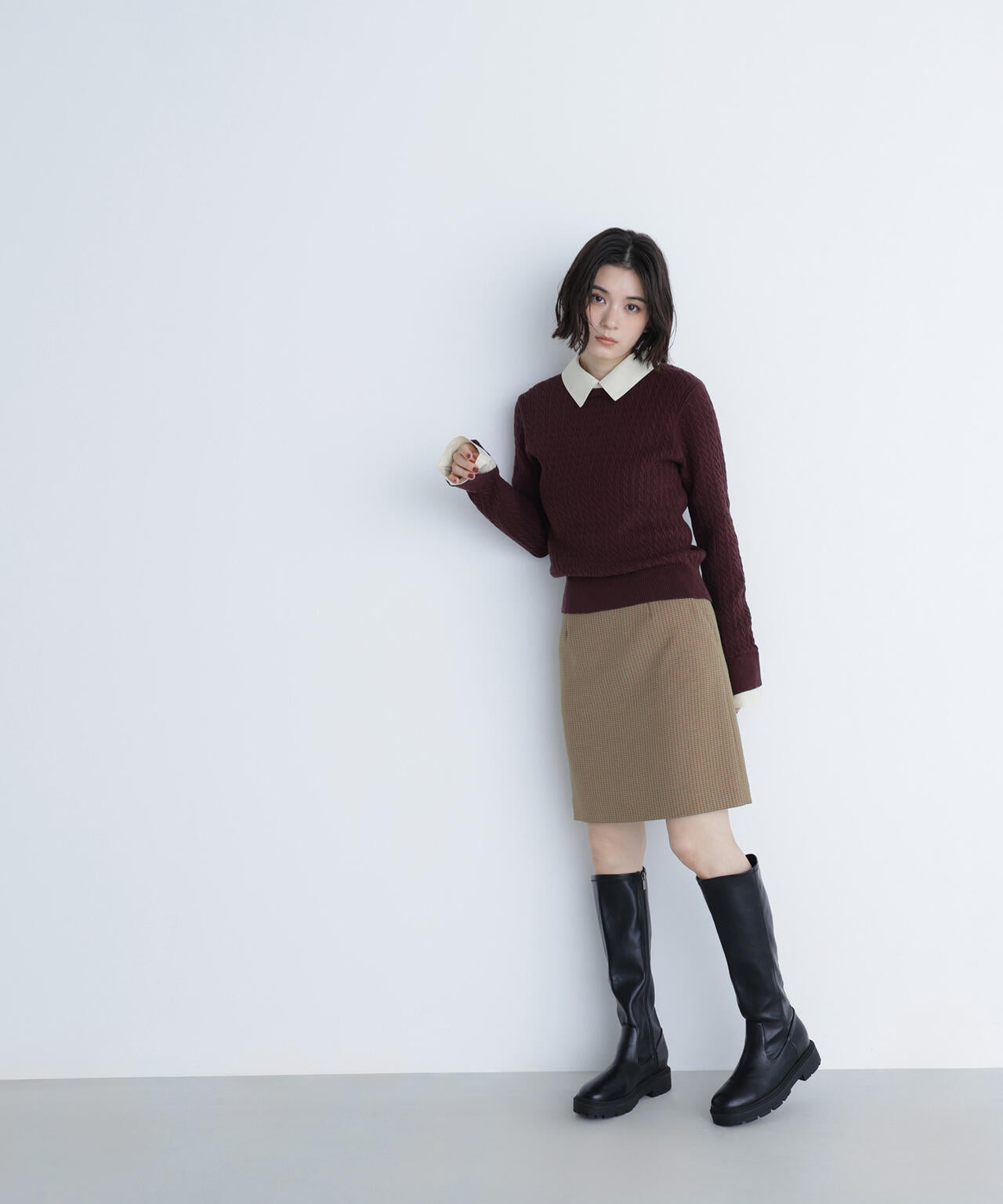 【超人気デザイン】カラービッグケーブル ドッキング ニット ウール シャツカラードッキングケーブルニット | NATURAL BEAUTY BASIC