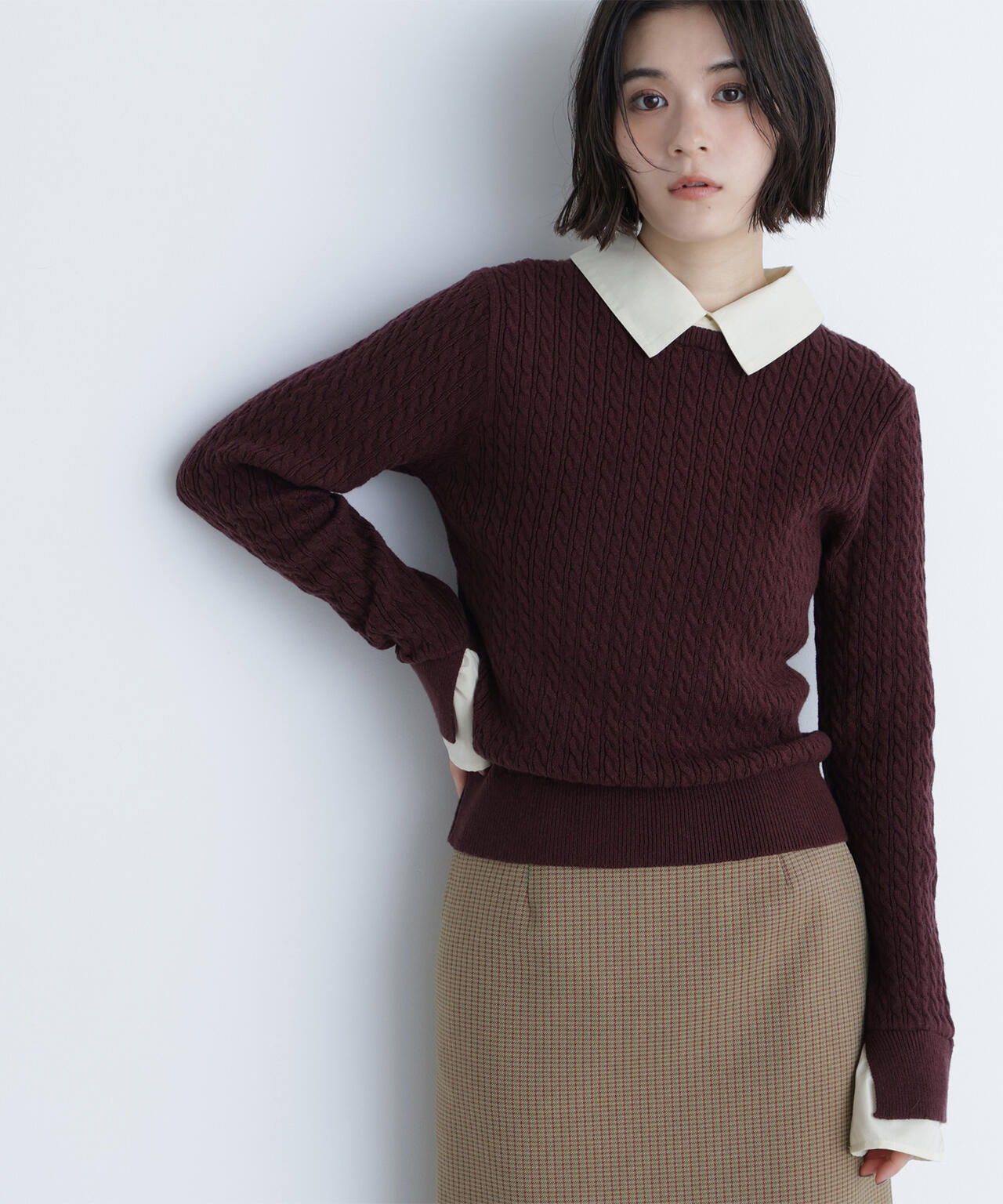 シャツカラードッキングケーブルニット