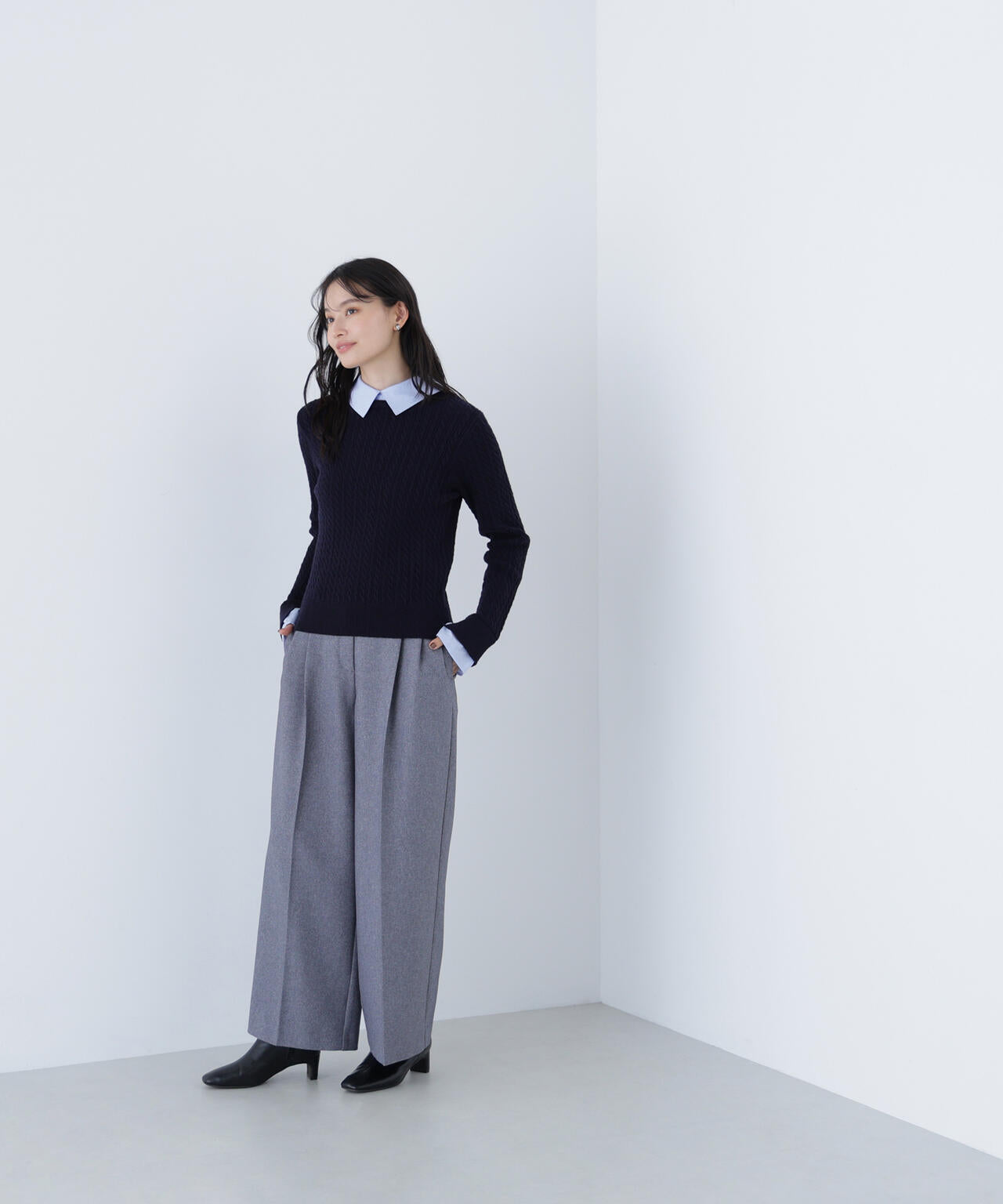 シャツカラードッキングケーブルニット