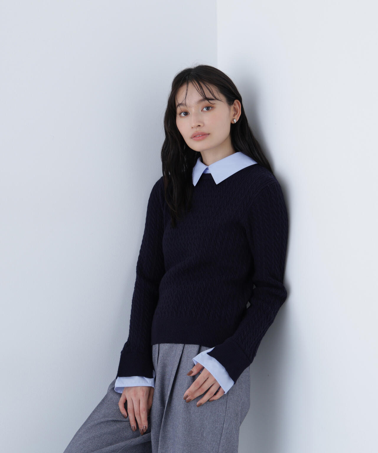 ブラック ケープスタイル ニット シャツカラードッキングケーブルニット | NATURAL BEAUTY BASIC