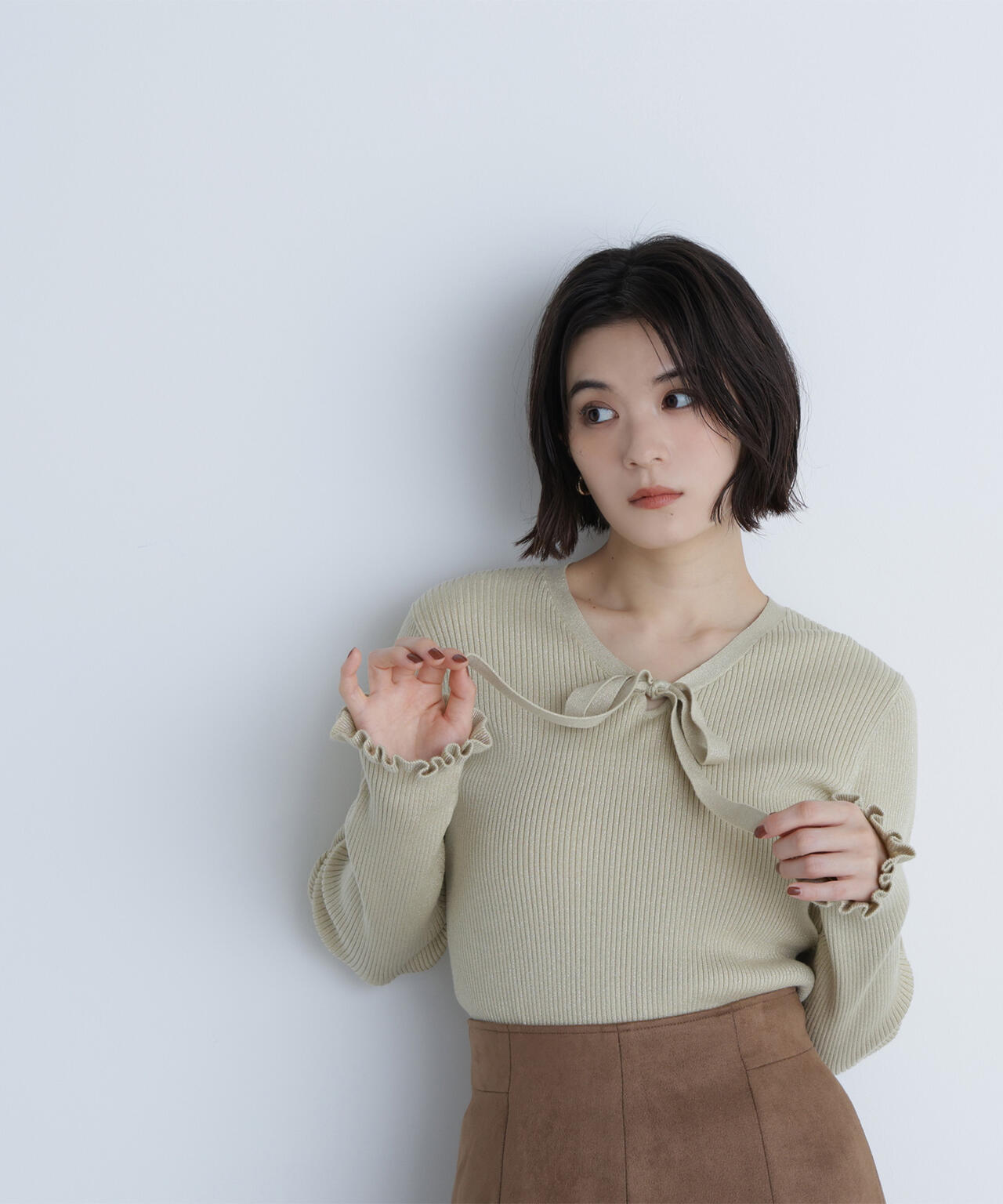 ラメリブボウタイニット