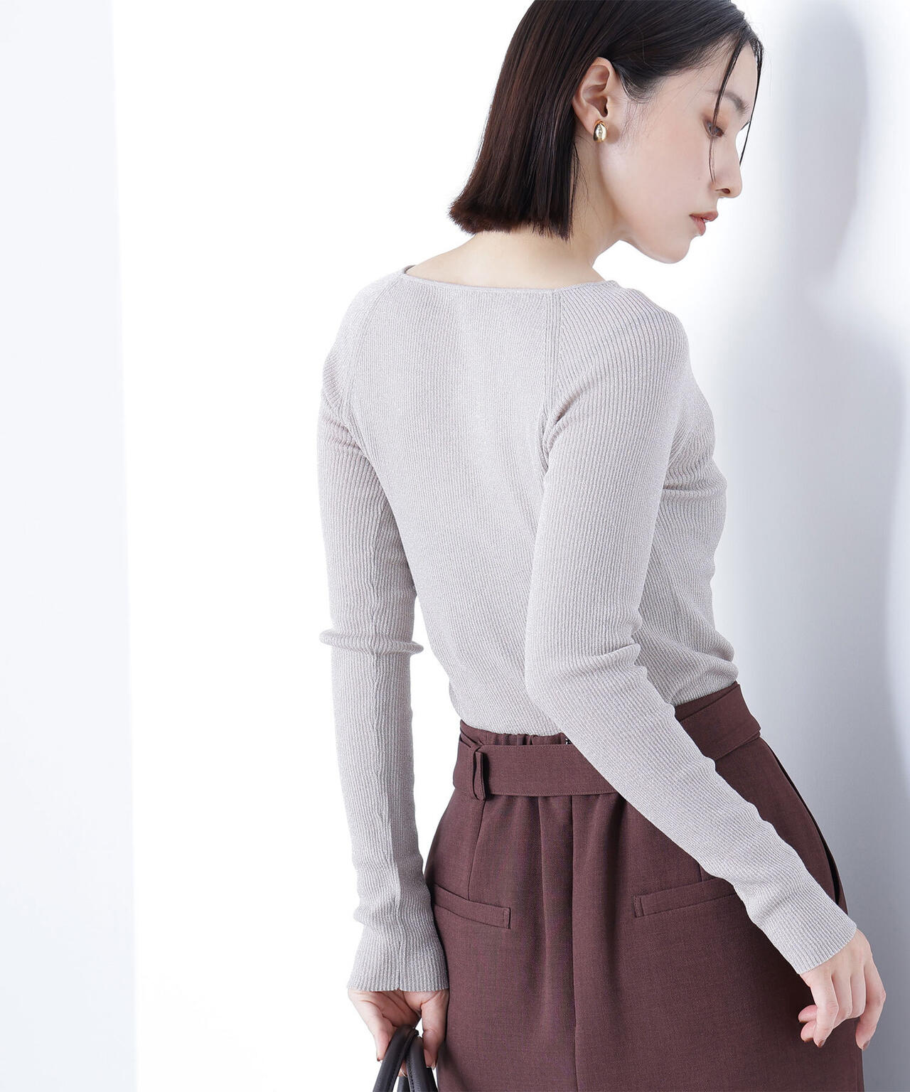 ラメリブボートネックニット