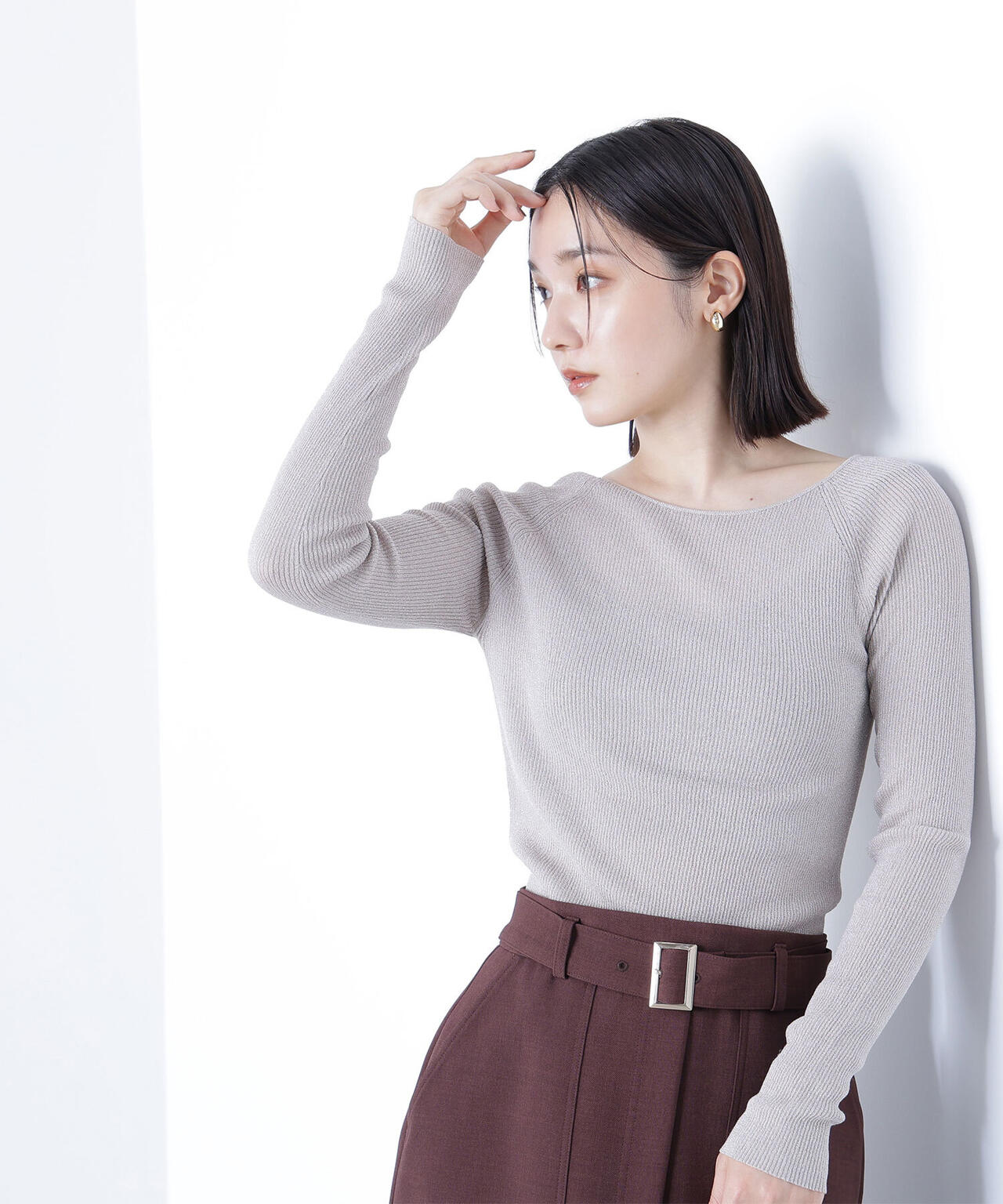 ラメリブボートネックニット