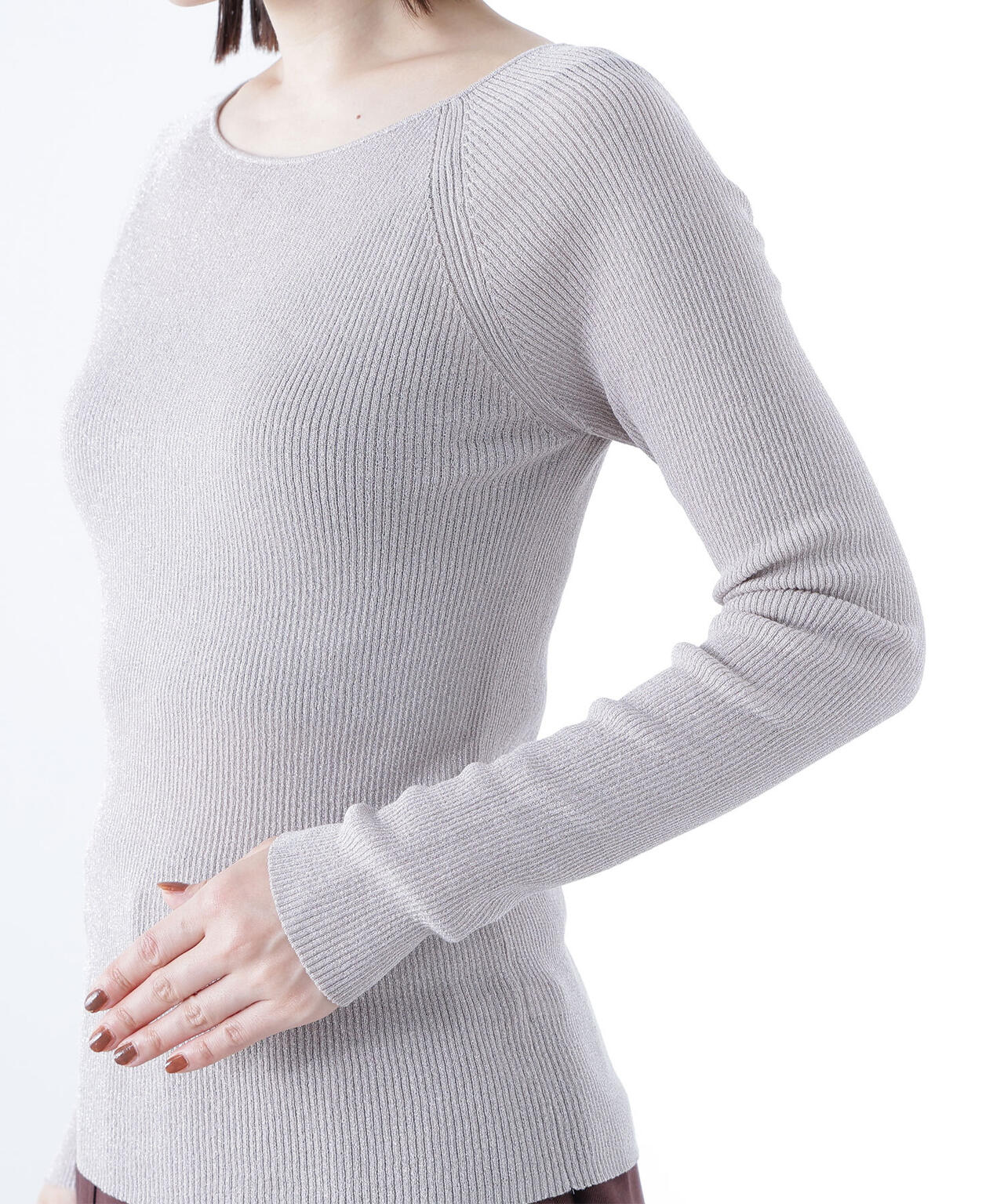 ラメリブボートネックニット