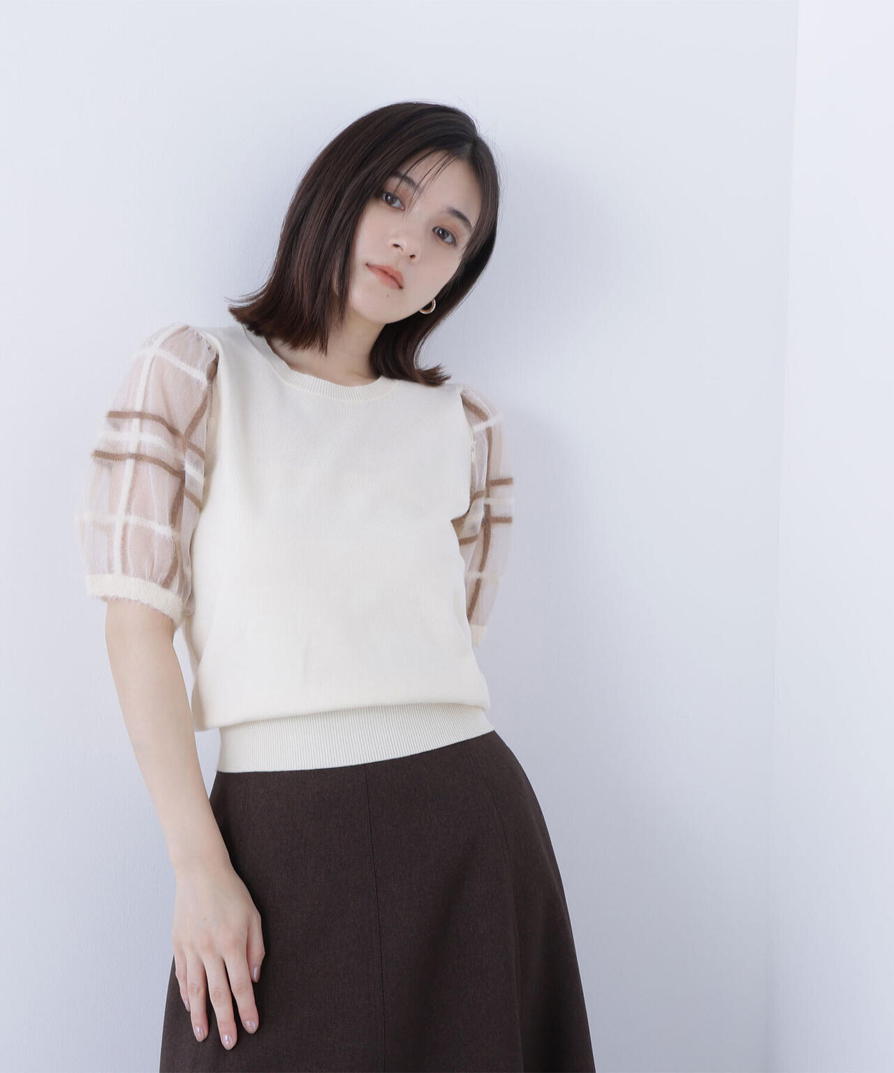 シアーチェックスリーブニット