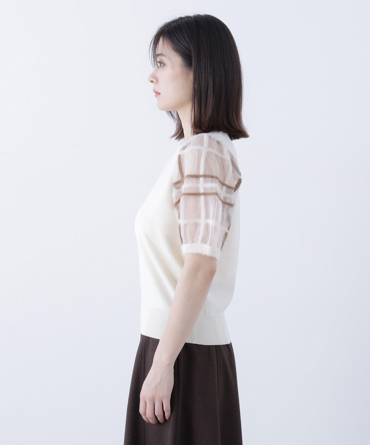 シアーチェックスリーブニット