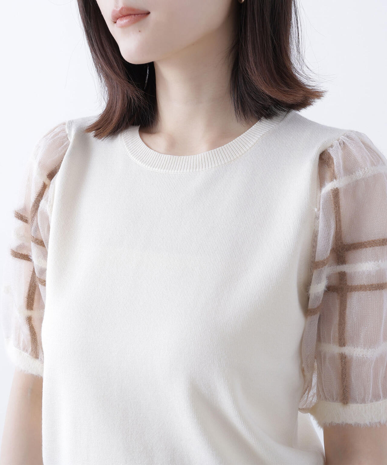 シアーチェックスリーブニット